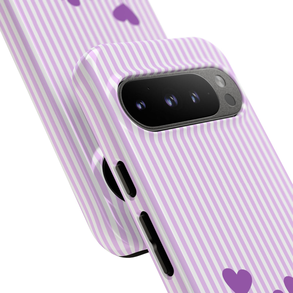 Galentines Day Striped hearts phone case, Purple Heart Floral Stripe Iphone case | Tough Cases - Iphone, Samsung and Pixel Mobile cases