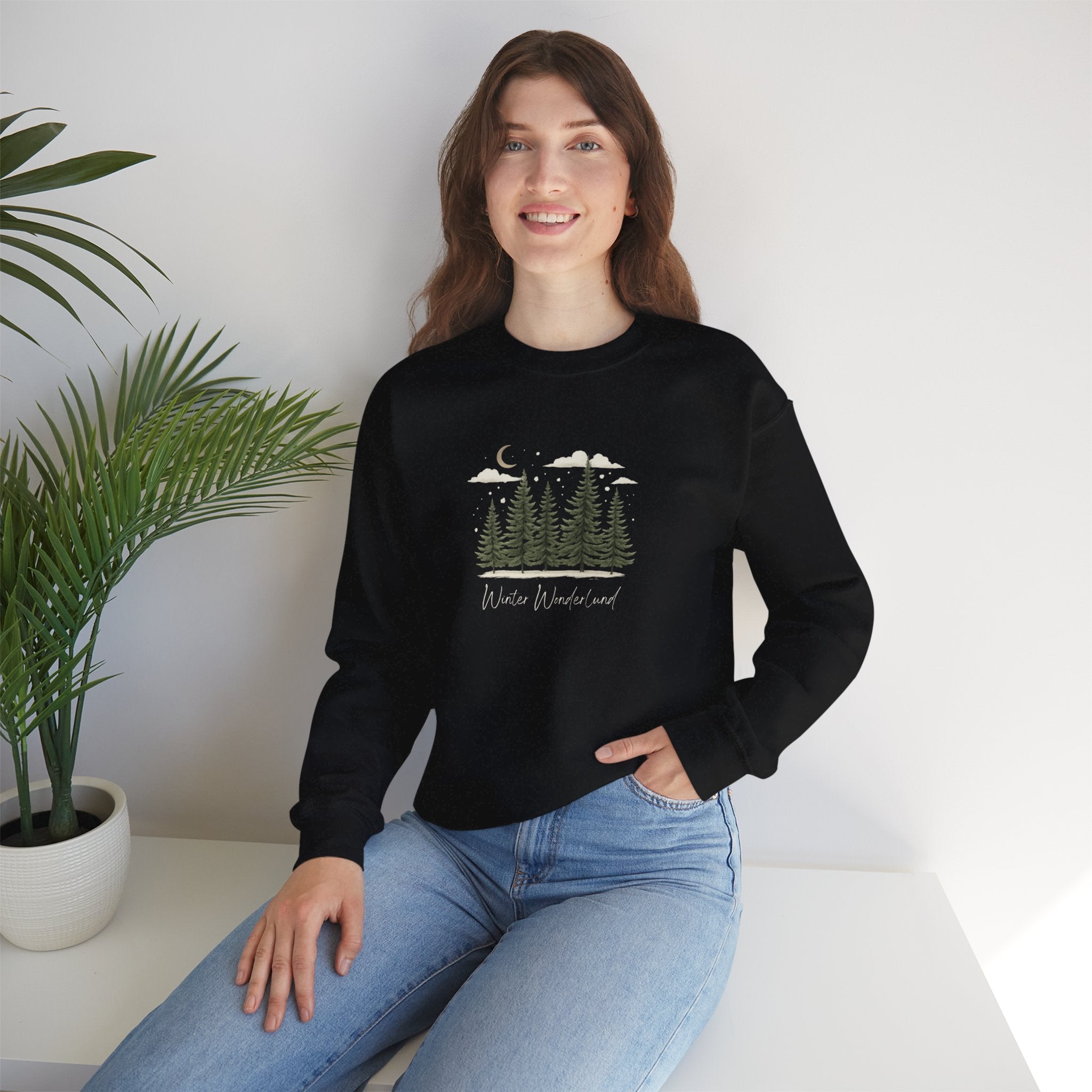 Winter Wonderland Sweatshirt Hoodie, Pine Tree Forest Winter Sweater, Snowy Evergreen Moon Graphic, Cozy Cabin Vibes Pullover, Unisex Adult Youth