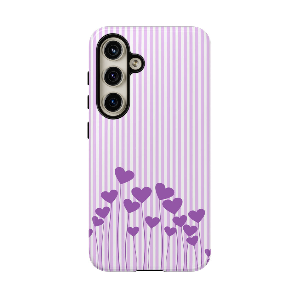 Galentines Day Striped hearts phone case, Purple Heart Floral Stripe Iphone case | Tough Cases - Iphone, Samsung and Pixel Mobile cases
