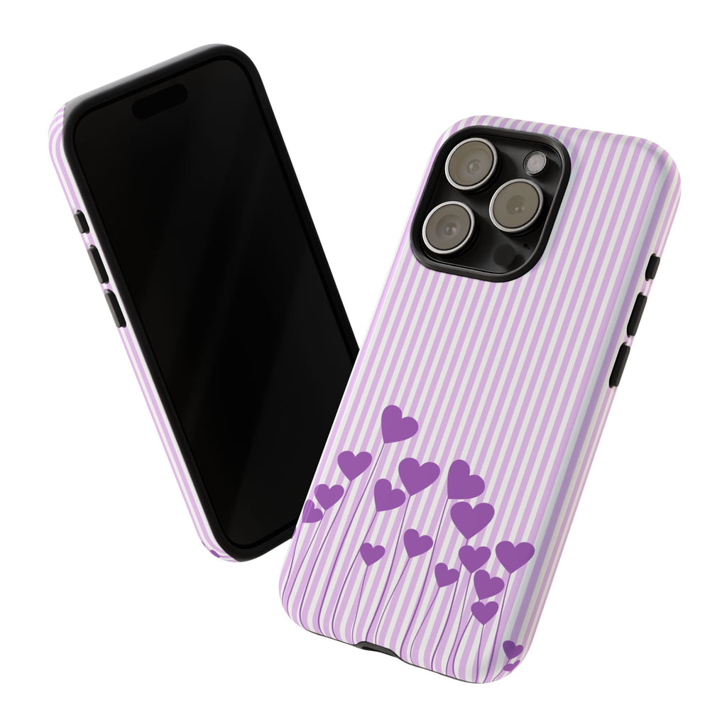 Galentines Day Striped hearts phone case, Purple Heart Floral Stripe Iphone case | Tough Cases - Iphone, Samsung and Pixel Mobile cases
