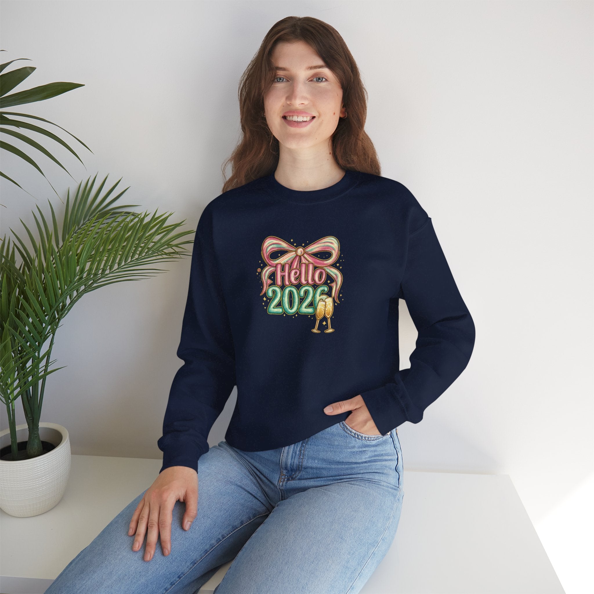Hello 2026 Coquette Bow Sweatshirt Hoodie, Champagne Toast New Year Gift, Unisex Adult & Youth Crewneck, NYE Party Outfit