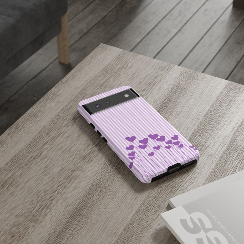 Galentines Day Striped hearts phone case, Purple Heart Floral Stripe Iphone case | Tough Cases - Iphone, Samsung and Pixel Mobile cases