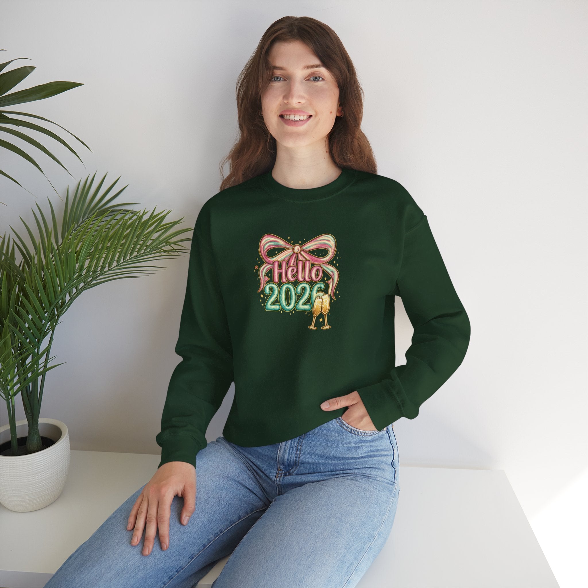 Hello 2026 Coquette Bow Sweatshirt Hoodie, Champagne Toast New Year Gift, Unisex Adult & Youth Crewneck, NYE Party Outfit