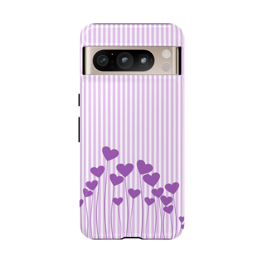 Galentines Day Striped hearts phone case, Purple Heart Floral Stripe Iphone case | Tough Cases - Iphone, Samsung and Pixel Mobile cases
