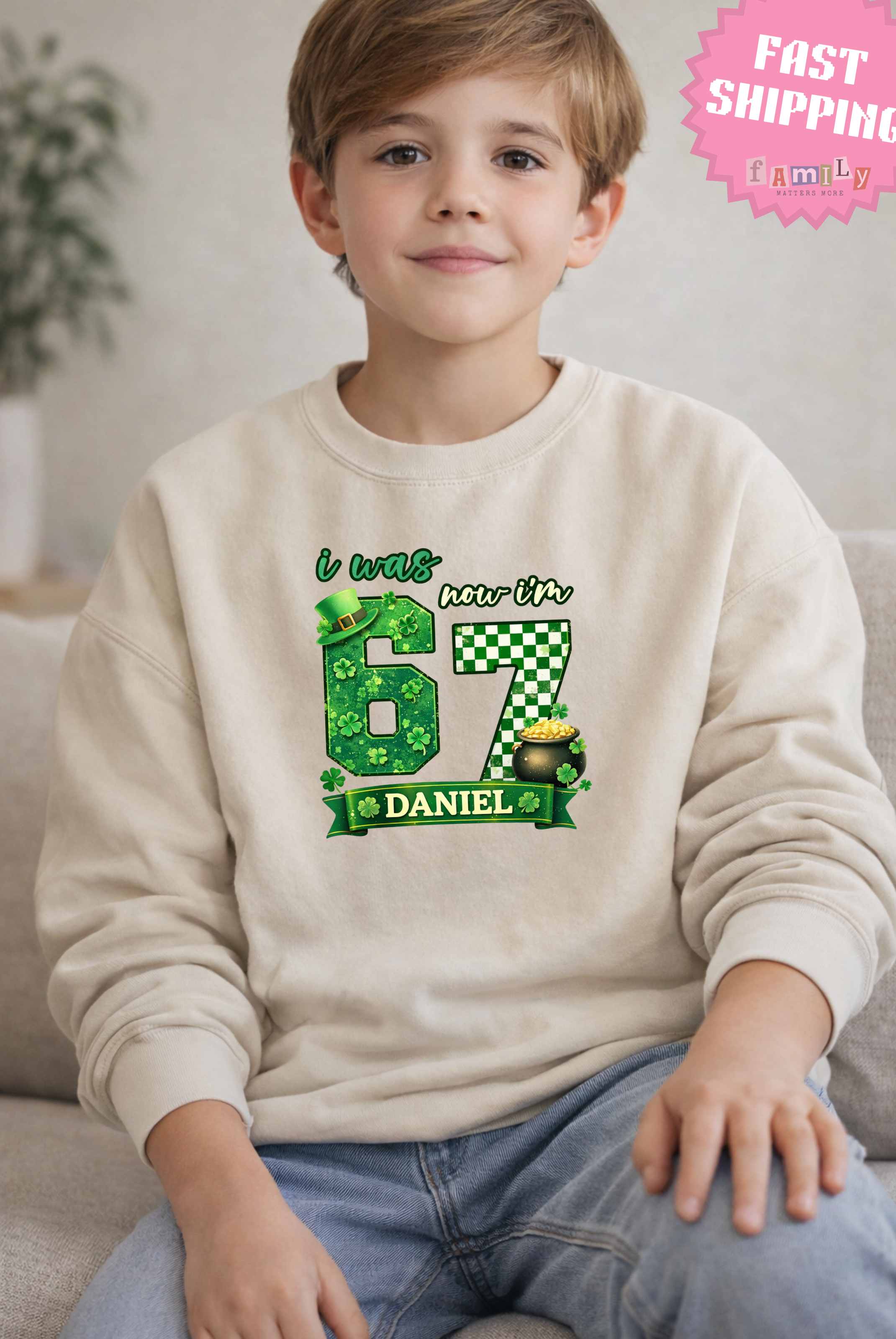 I Was 6 Now I’m 7 St. Patrick's Day Shirt, Personalized Name 7th Birthday Boy Tee, Youth Kids Sports Party Gift, Custom Age