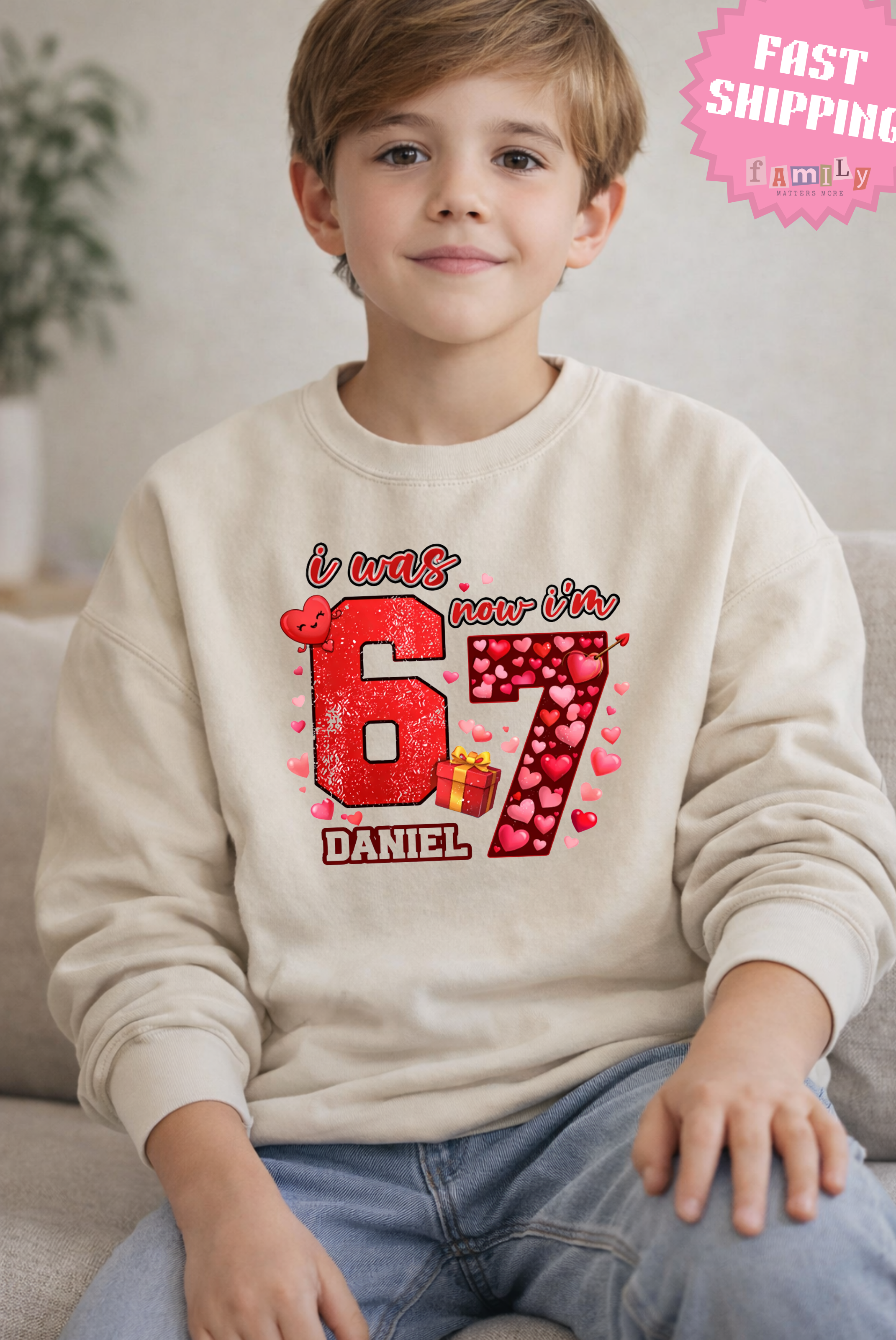 I Was 6 Now I’m 7 Valentines Birthday Shirt, Personalized Name 7th Birthday Valentines Day Tee, Matching Kids Tee, Galentines day gift
