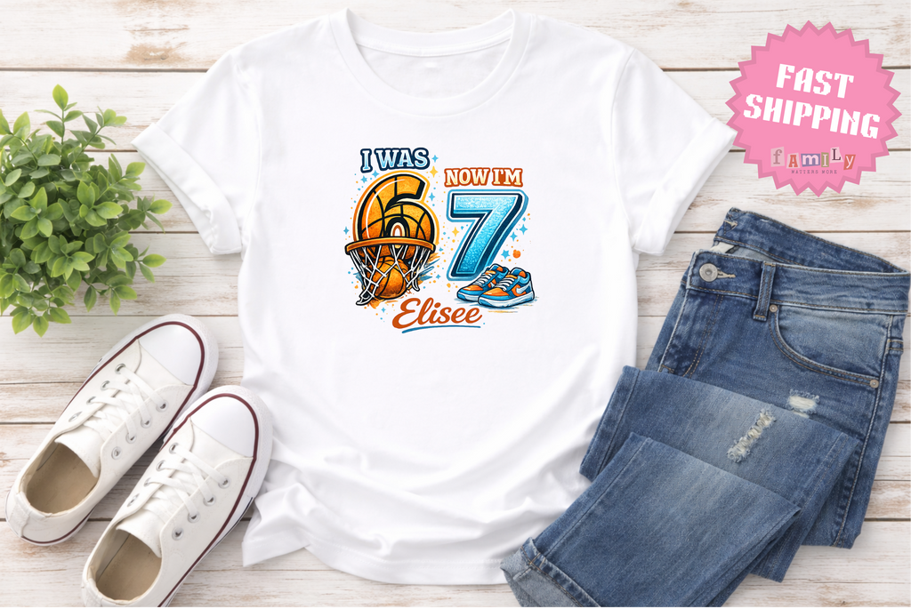 I Was 6 Now I’m 7 Basketball Birthday Shirt, Personalized Name 7th Birthday Boy Tee, Youth Kids Sports Party Gift, Custom Age, 6 7 Tshirt