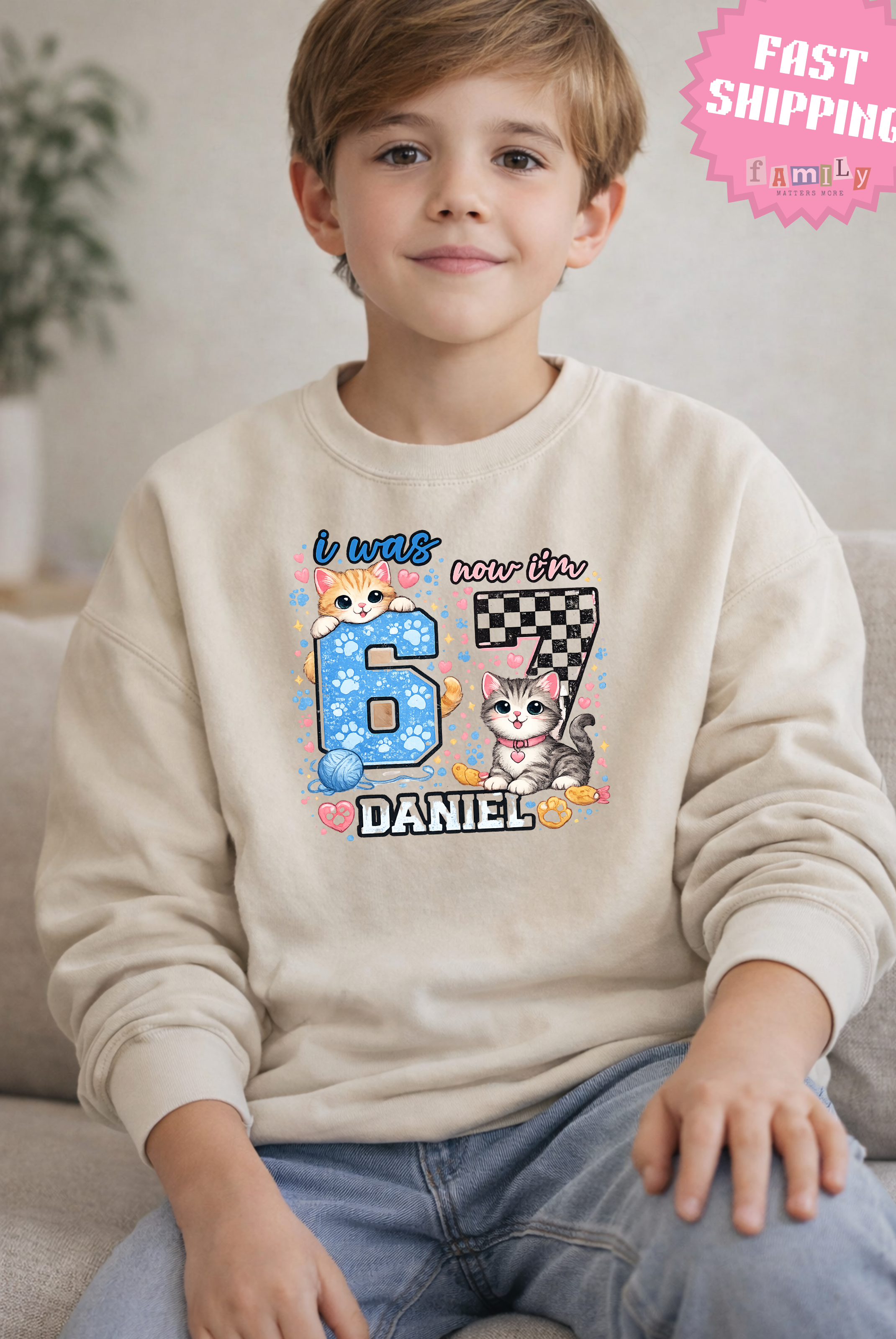Personalized Funny 7th Birthday Kid Name Shirt, I Was 6 Now I’m 7 Kids Tee, 67 Shirt, 6 7 Birthday Boy, Gift For Cat Lovers, Six Seven Tee
