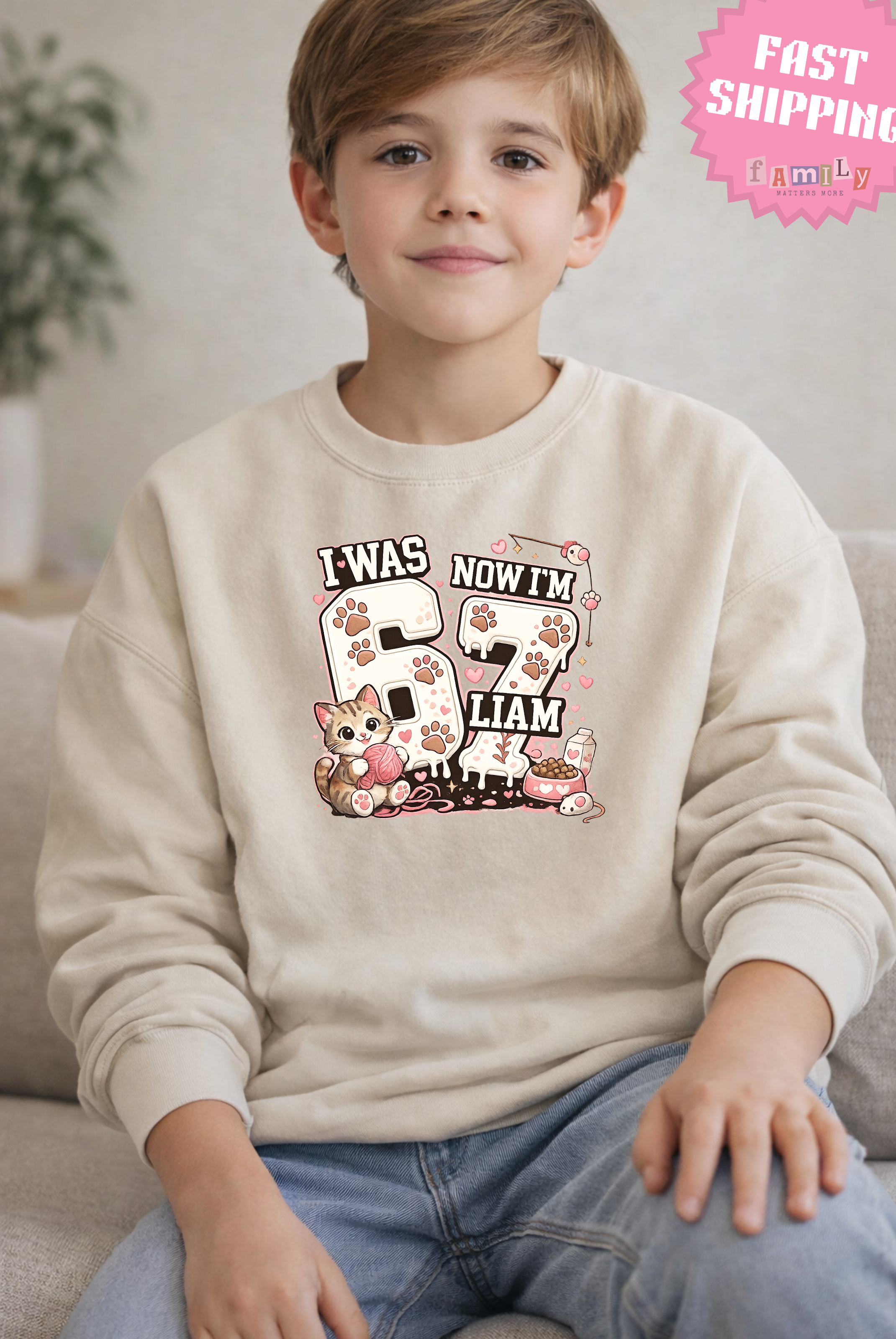 I Was 6 Now I’m 7 Cat lover Birthday Shirt, Personalized Name 7th Birthday Valentines Day Tee, Youth Kids Pet Party Gift, Custom Age