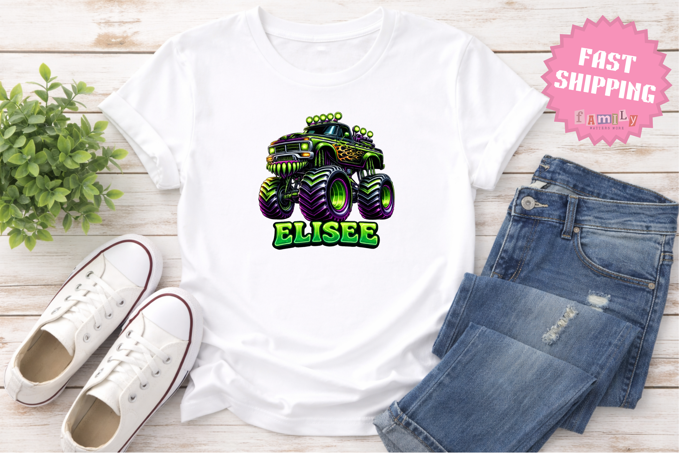 Custom Name Monster Truck Toddler T-Shirt, Personalized Boys Monster Truck Tee, Green and Purple Truck Kids Shirt, Custom Birthday Gift