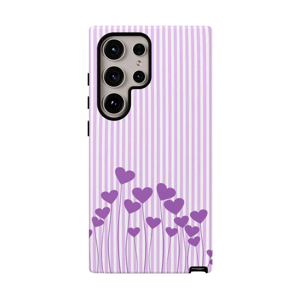 Galentines Day Striped hearts phone case, Purple Heart Floral Stripe Iphone case | Tough Cases - Iphone, Samsung and Pixel Mobile cases