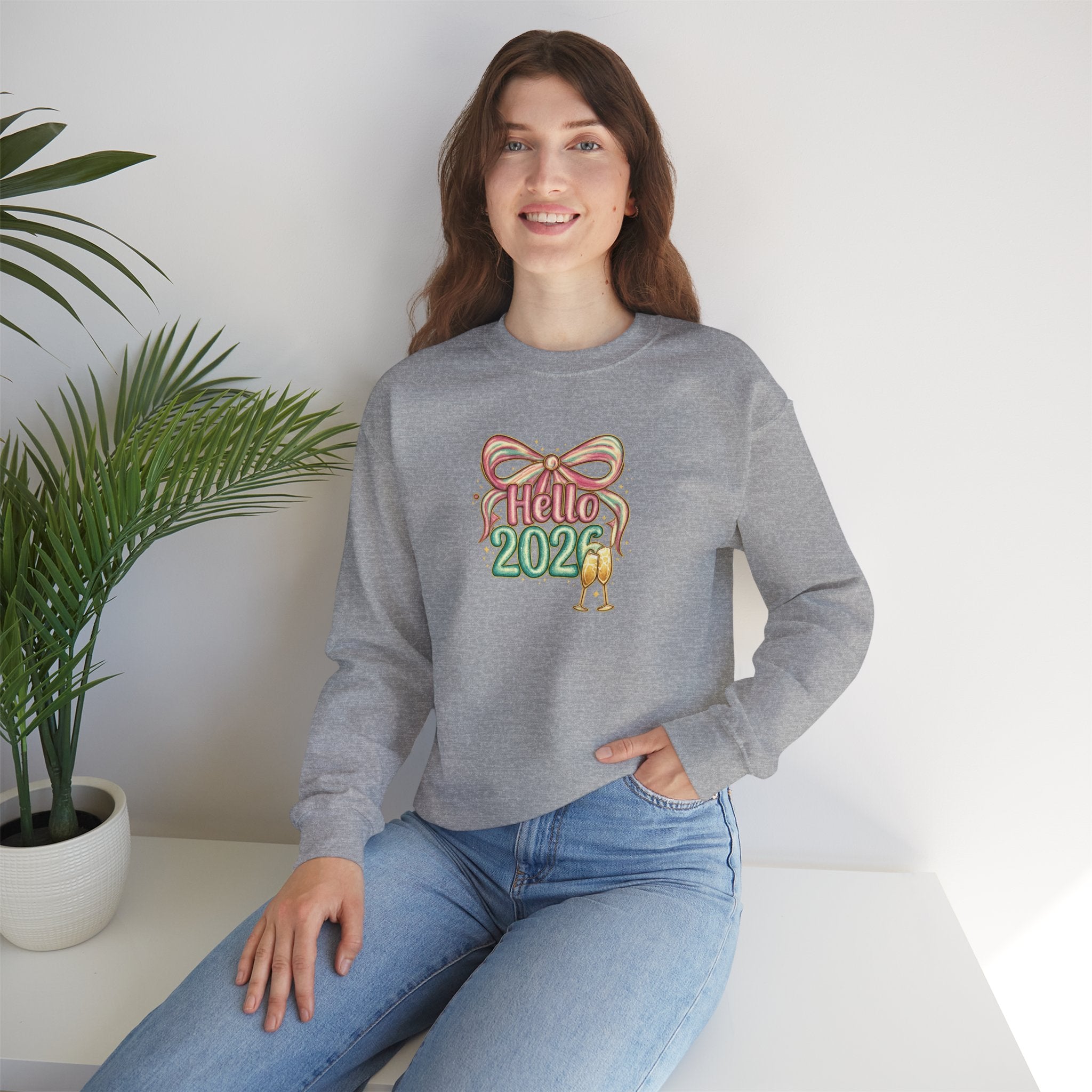 Hello 2026 Coquette Bow Sweatshirt Hoodie, Champagne Toast New Year Gift, Unisex Adult & Youth Crewneck, NYE Party Outfit
