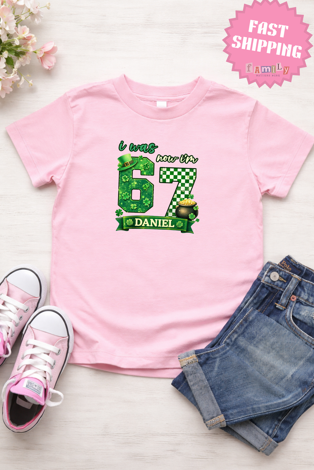 I Was 6 Now I’m 7 St. Patrick's Day Shirt, Personalized Name 7th Birthday Boy Tee, Youth Kids Sports Party Gift, Custom Age