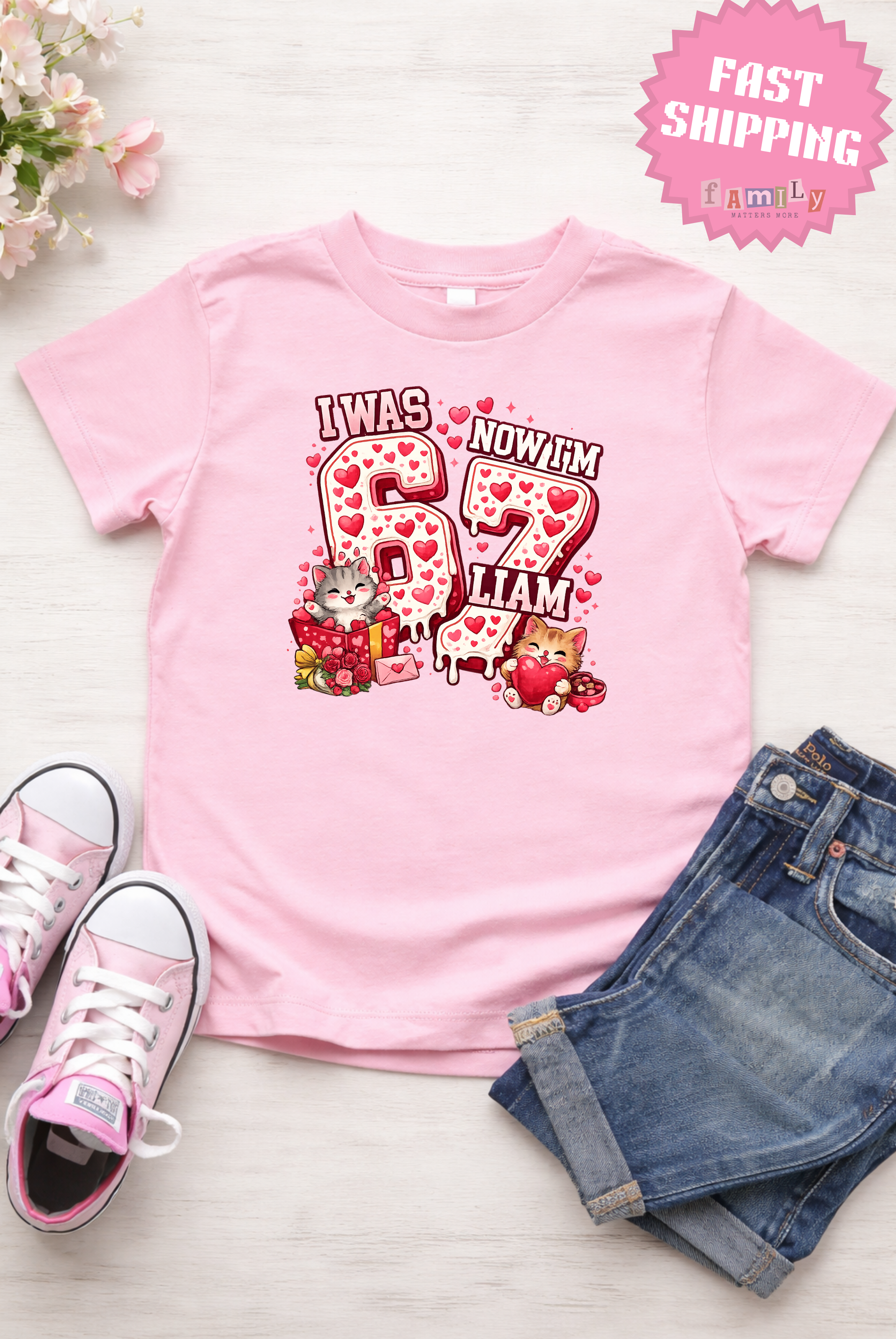 I Was 6 Now I’m 7 Cat lover Birthday Shirt, Personalized Name 7th Birthday Valentines Day Tee, Youth Kids Pet Tee, Galentines day gift