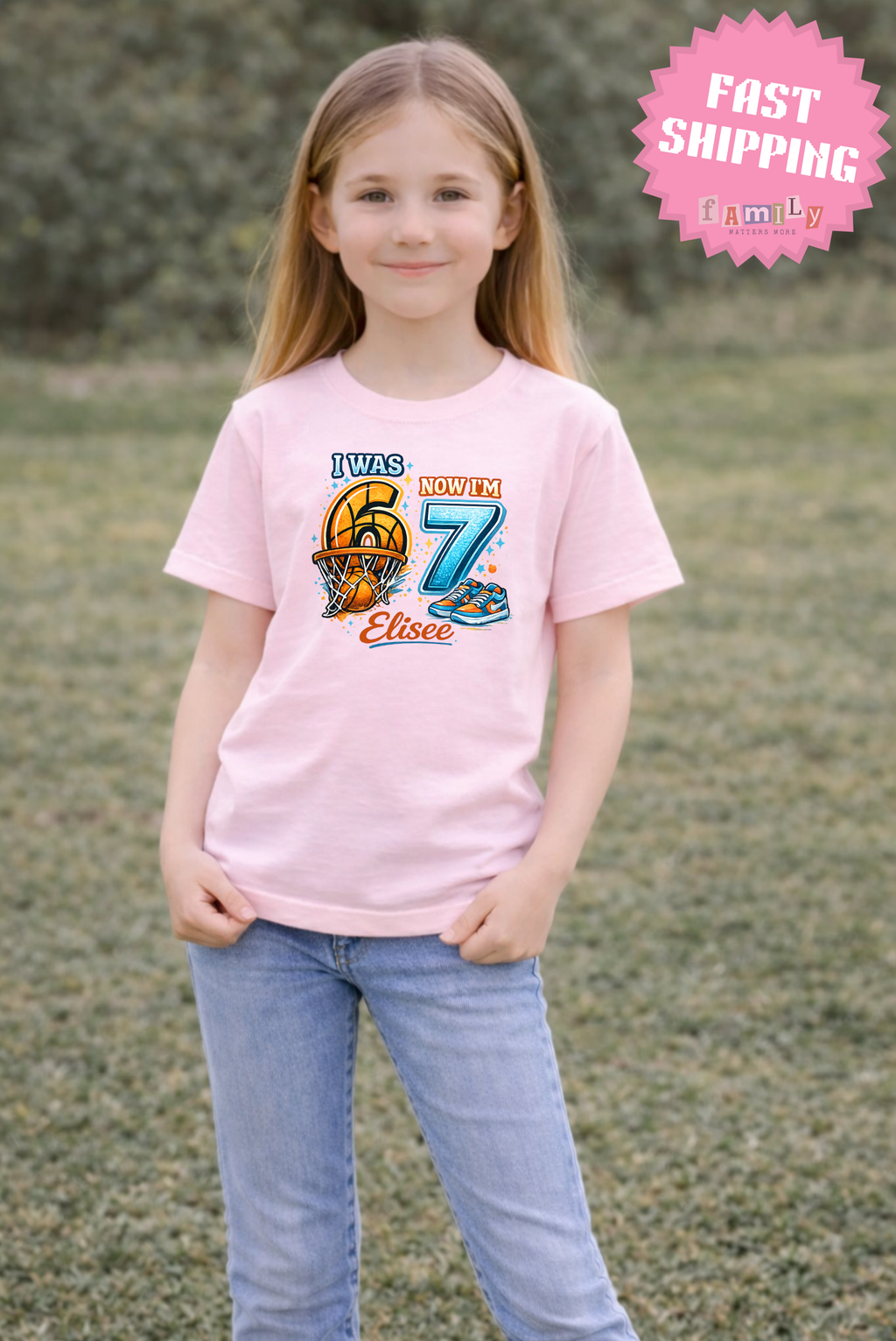 I Was 6 Now I’m 7 Basketball Birthday Shirt, Personalized Name 7th Birthday Boy Tee, Youth Kids Sports Party Gift, Custom Age, 6 7 Tshirt