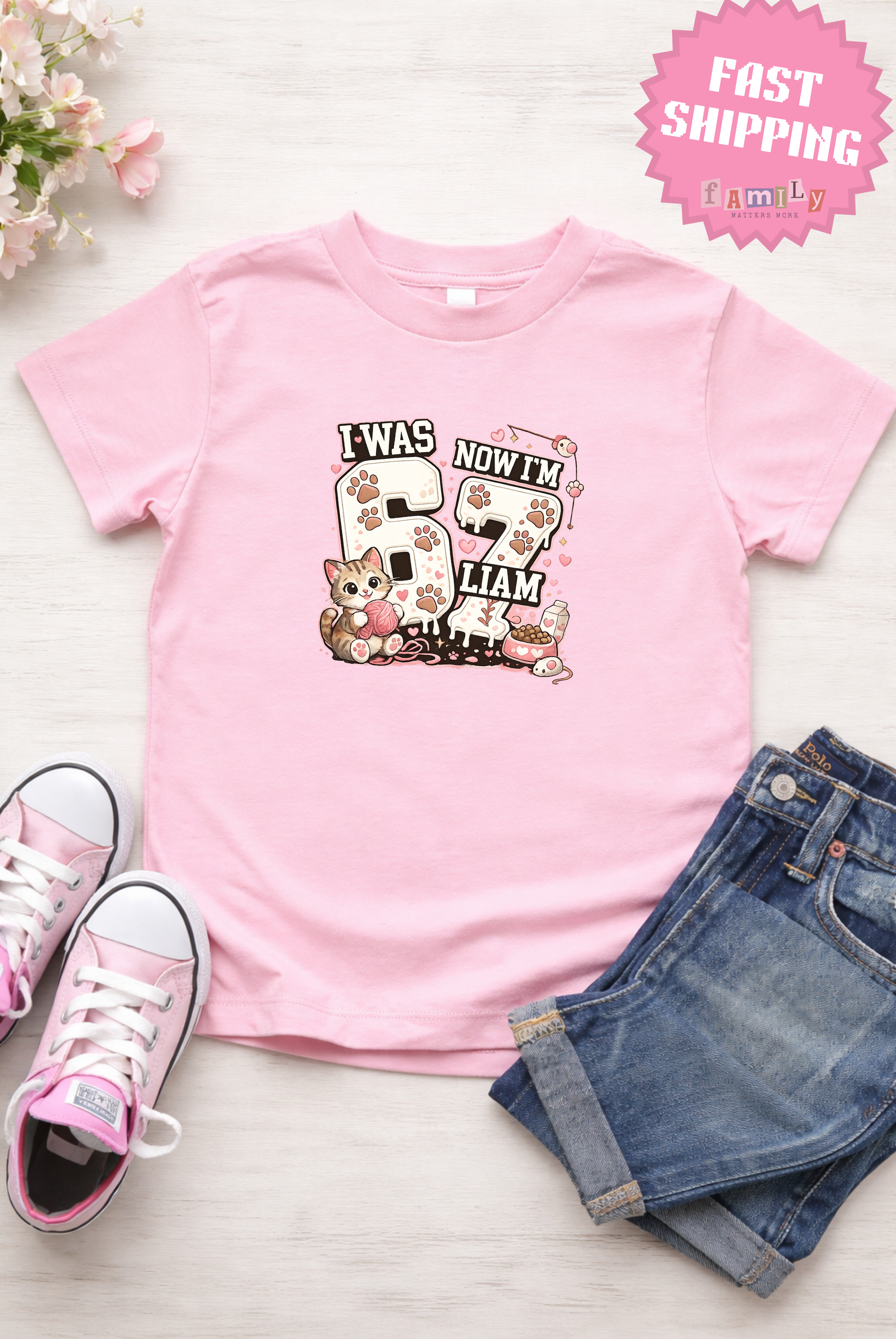 I Was 6 Now I’m 7 Cat lover Birthday Shirt, Personalized Name 7th Birthday Valentines Day Tee, Youth Kids Pet Party Gift, Custom Age