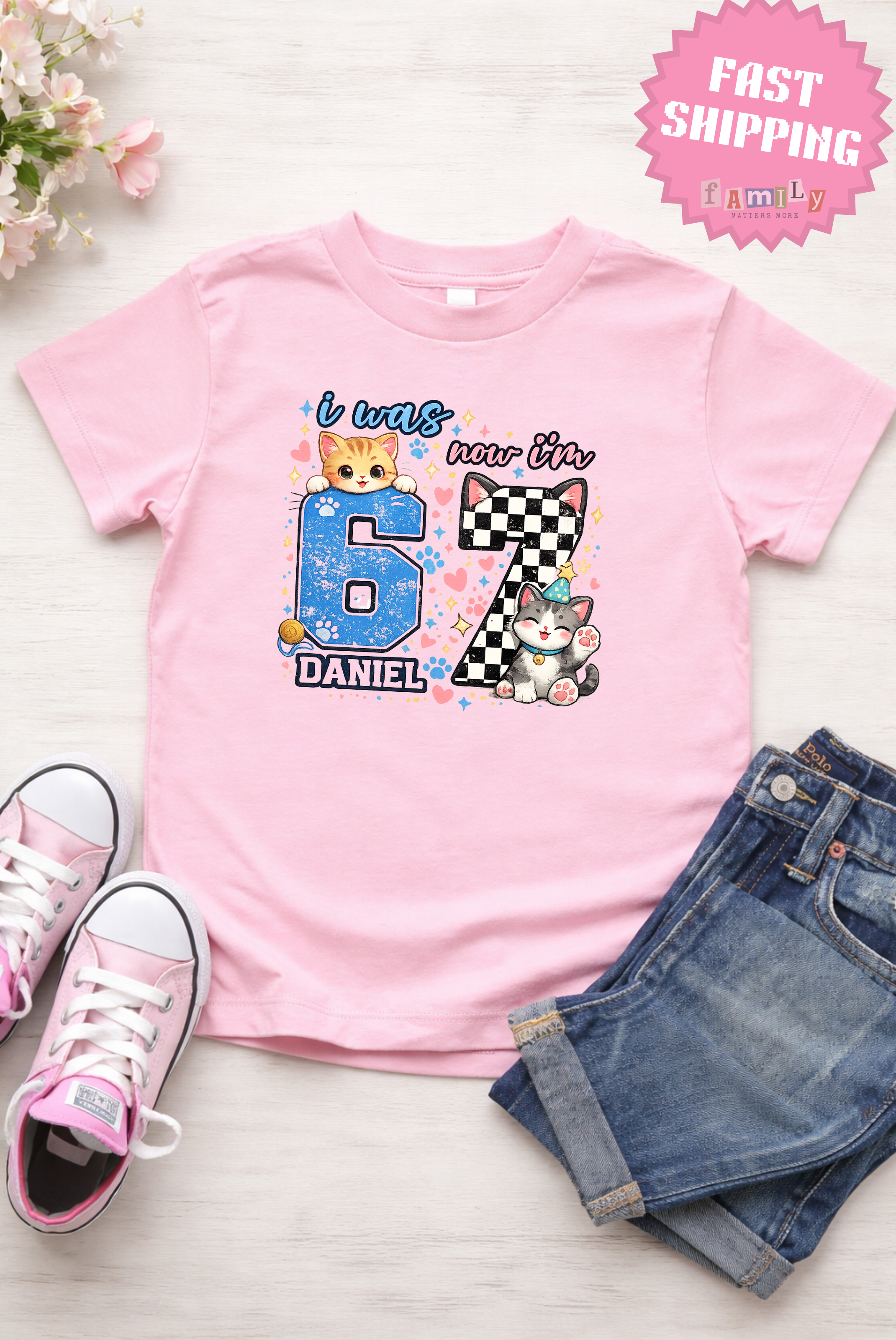Personalized Funny 7th Birthday Kid Name Shirt, I Was 6 Now I’m 7 Kids Tee, 67 Shirt, 6 7 Birthday Boy, Gift For Cat Lovers, Six Seven Tee