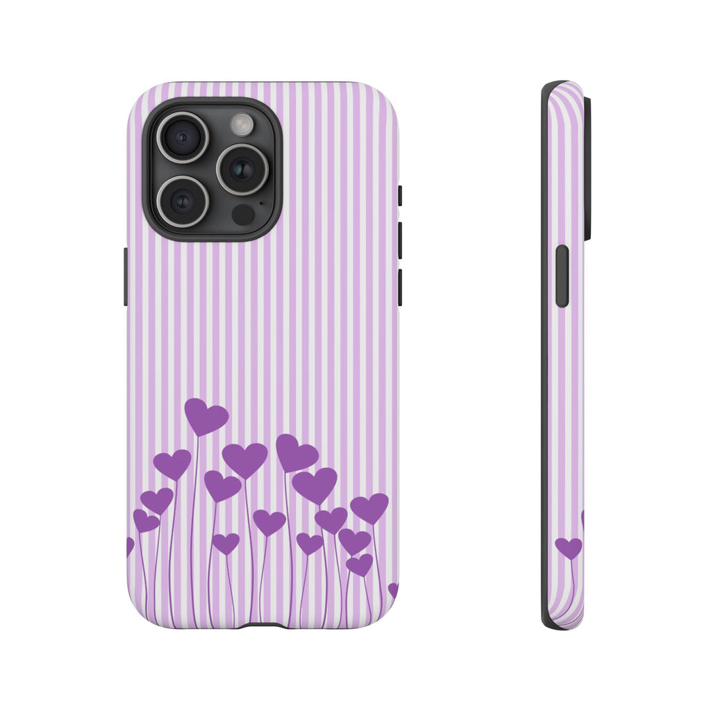 Galentines Day Striped hearts phone case, Purple Heart Floral Stripe Iphone case | Tough Cases - Iphone, Samsung and Pixel Mobile cases