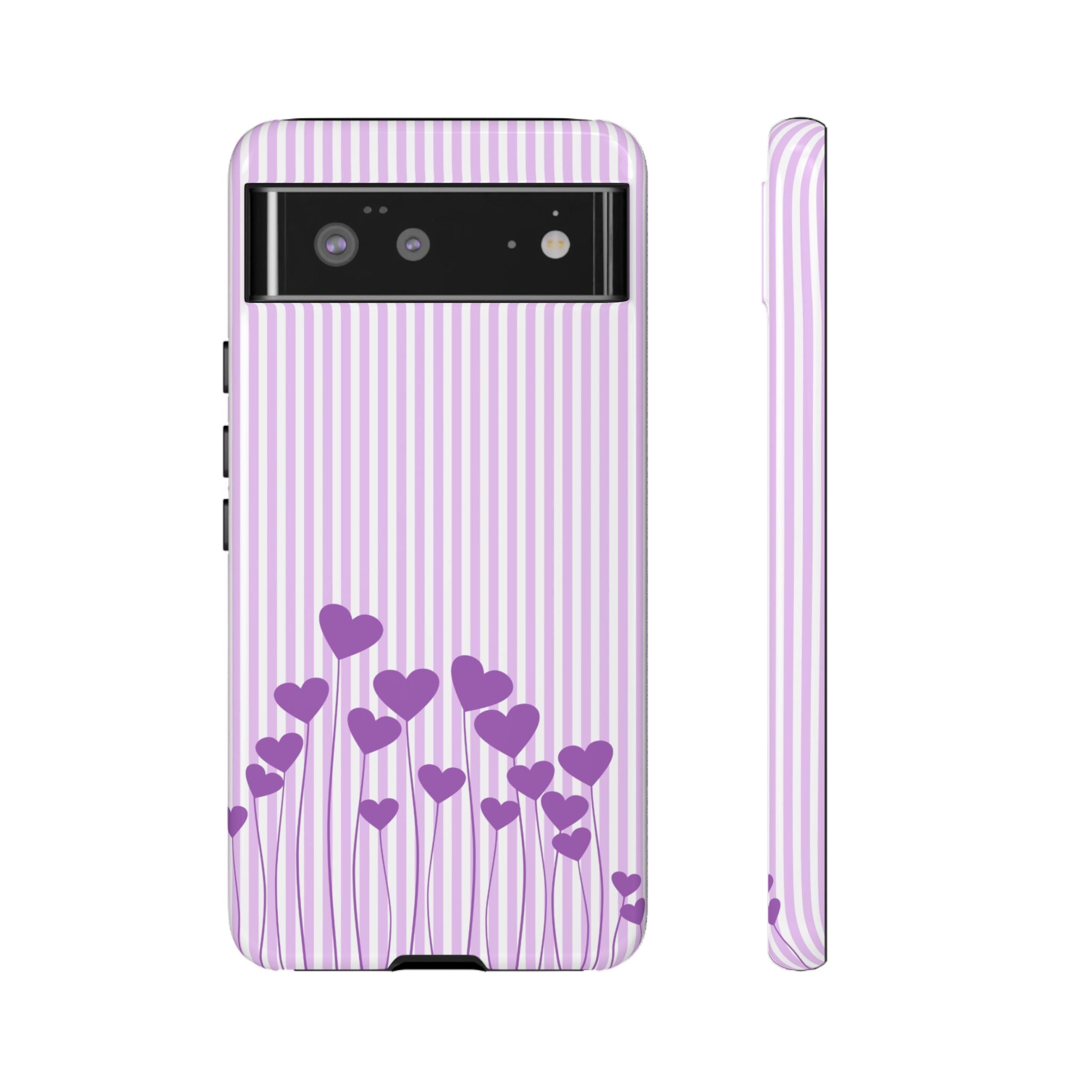 Galentines Day Striped hearts phone case, Purple Heart Floral Stripe Iphone case | Tough Cases - Iphone, Samsung and Pixel Mobile cases