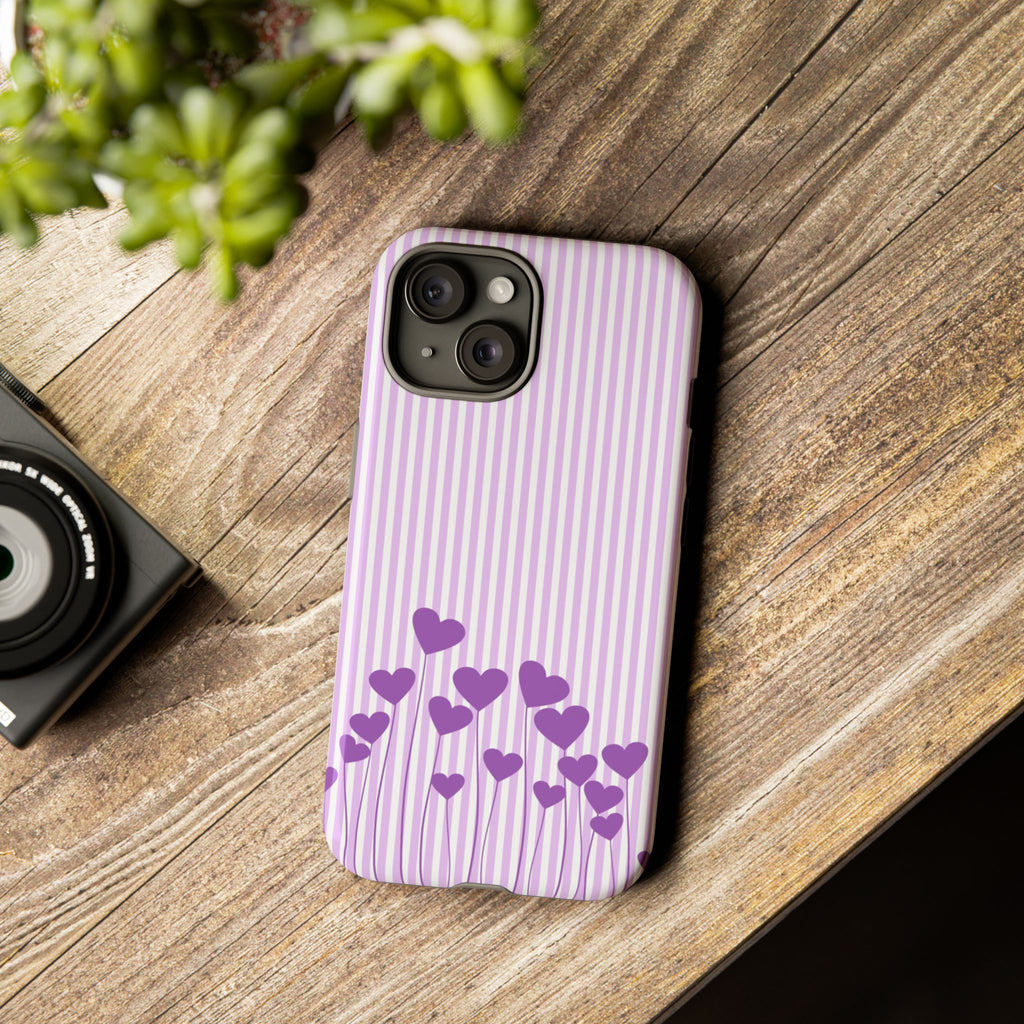 Galentines Day Striped hearts phone case, Purple Heart Floral Stripe Iphone case | Tough Cases - Iphone, Samsung and Pixel Mobile cases