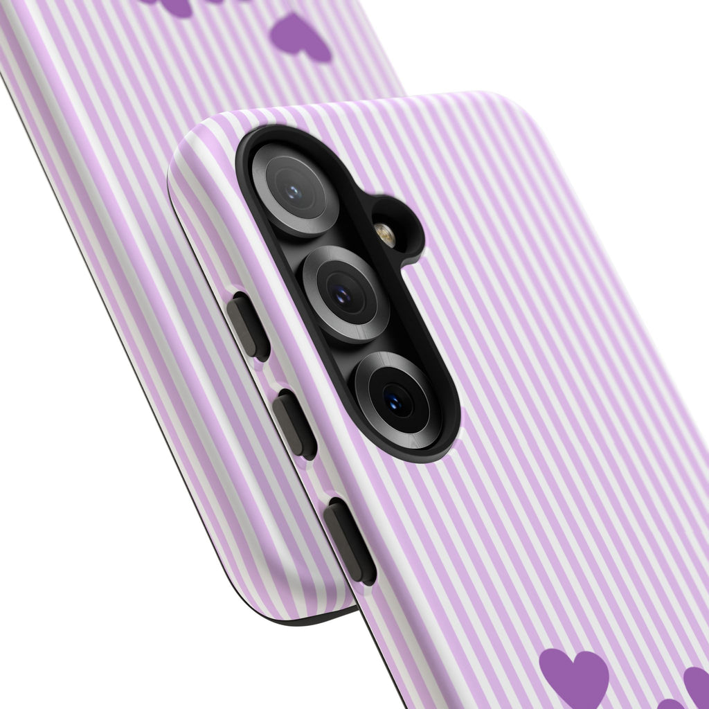 Galentines Day Striped hearts phone case, Purple Heart Floral Stripe Iphone case | Tough Cases - Iphone, Samsung and Pixel Mobile cases