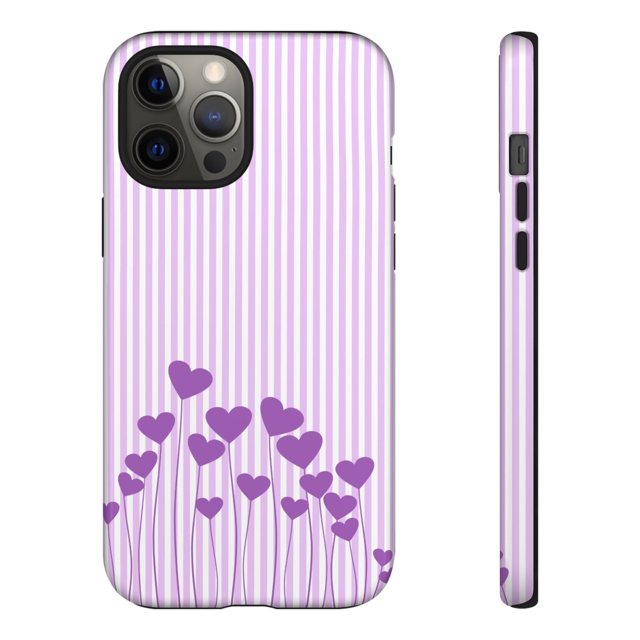 Galentines Day Striped hearts phone case, Purple Heart Floral Stripe Iphone case | Tough Cases - Iphone, Samsung and Pixel Mobile cases
