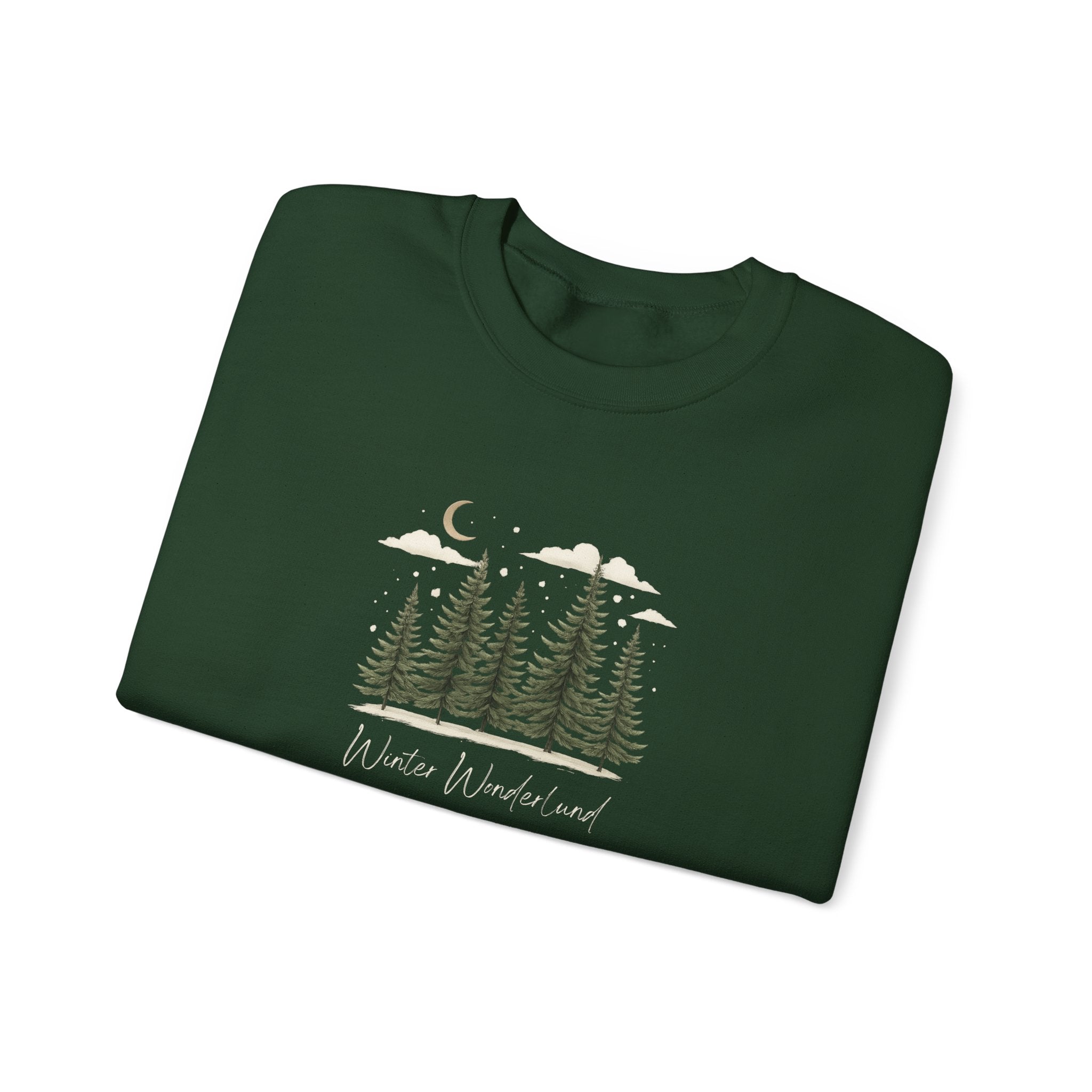 Winter Wonderland Sweatshirt Hoodie, Pine Tree Forest Winter Sweater, Snowy Evergreen Moon Graphic, Cozy Cabin Vibes Pullover, Unisex Adult Youth