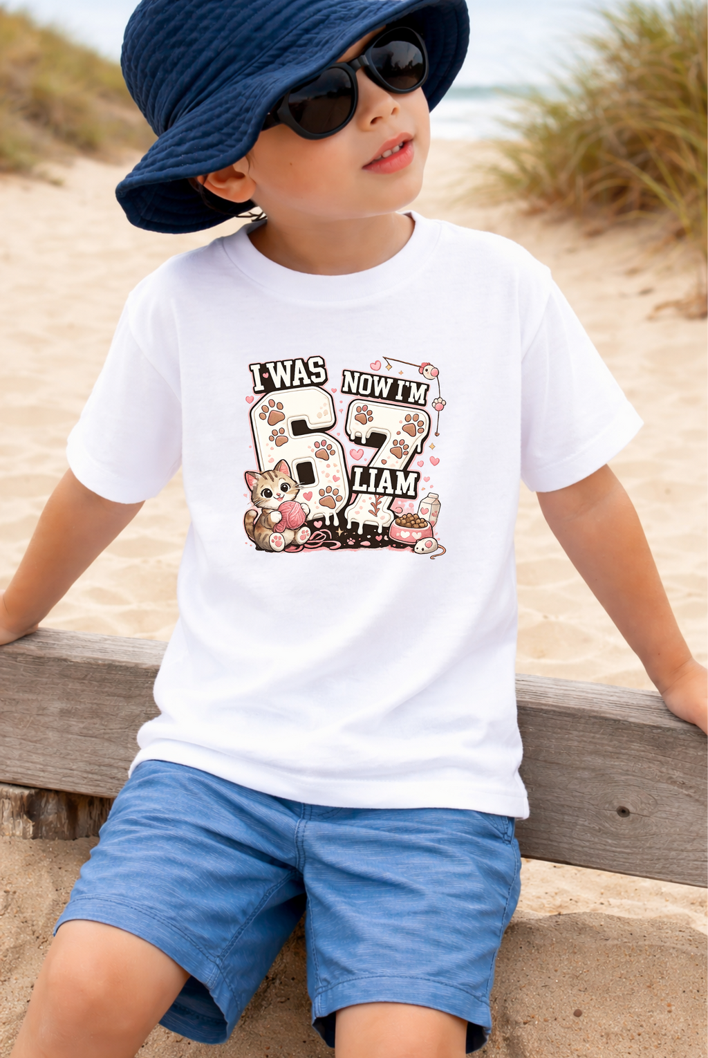 I Was 6 Now I’m 7 Cat lover Birthday Shirt, Personalized Name 7th Birthday Valentines Day Tee, Youth Kids Pet Party Gift, Custom Age