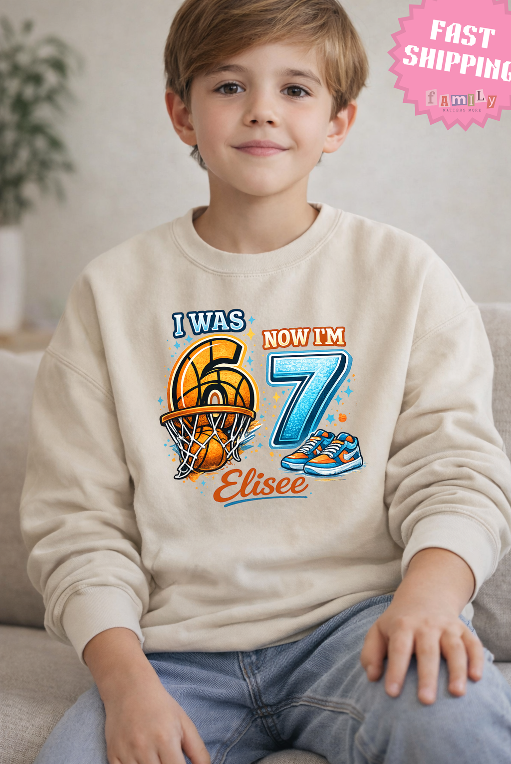 I Was 6 Now I’m 7 Basketball Birthday Shirt, Personalized Name 7th Birthday Boy Tee, Youth Kids Sports Party Gift, Custom Age, 6 7 Tshirt