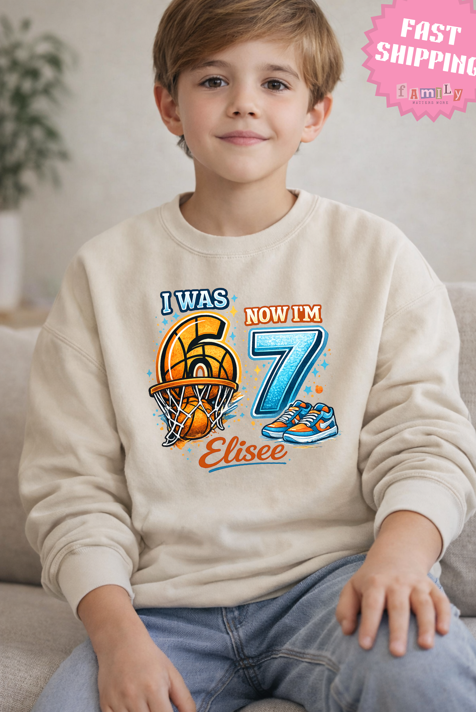 I Was 6 Now I’m 7 Basketball Birthday Shirt, Personalized Name 7th Birthday Boy Tee, Youth Kids Sports Party Gift, Custom Age, 6 7 Tshirt
