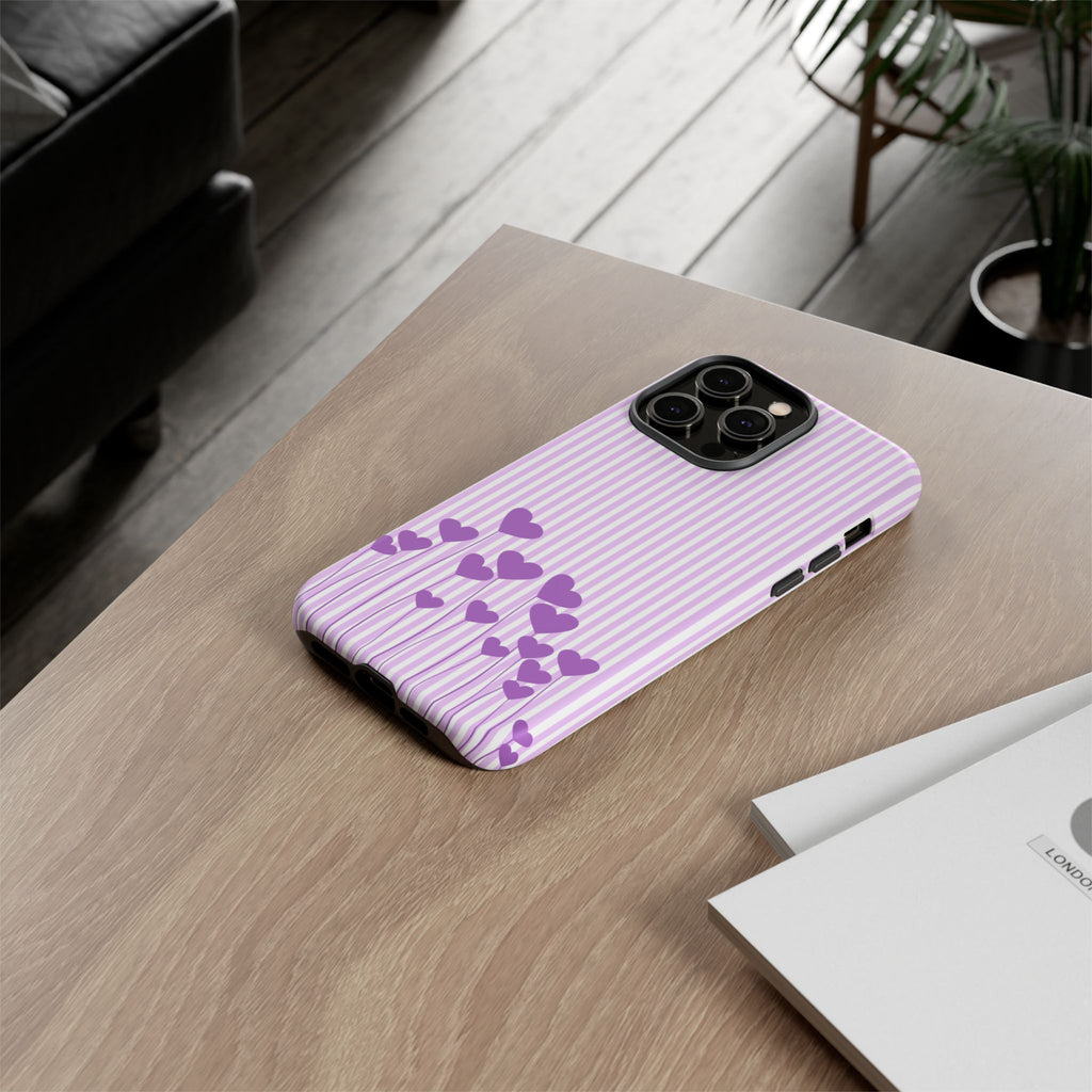 Galentines Day Striped hearts phone case, Purple Heart Floral Stripe Iphone case | Tough Cases - Iphone, Samsung and Pixel Mobile cases