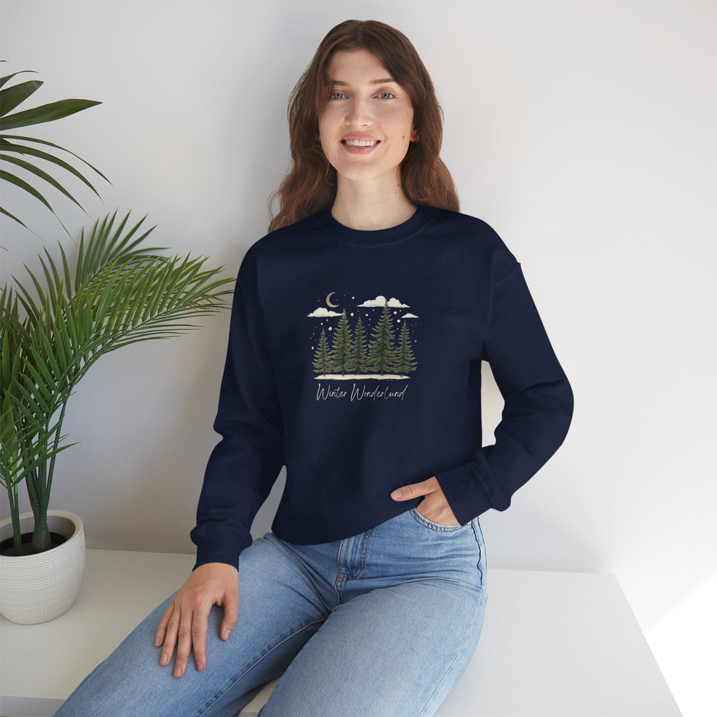 Winter Wonderland Sweatshirt Hoodie, Pine Tree Forest Winter Sweater, Snowy Evergreen Moon Graphic, Cozy Cabin Vibes Pullover, Unisex Adult Youth