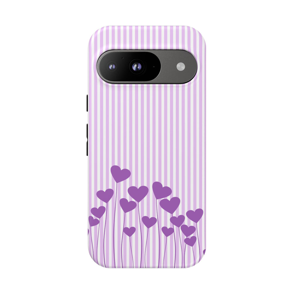 Galentines Day Striped hearts phone case, Purple Heart Floral Stripe Iphone case | Tough Cases - Iphone, Samsung and Pixel Mobile cases