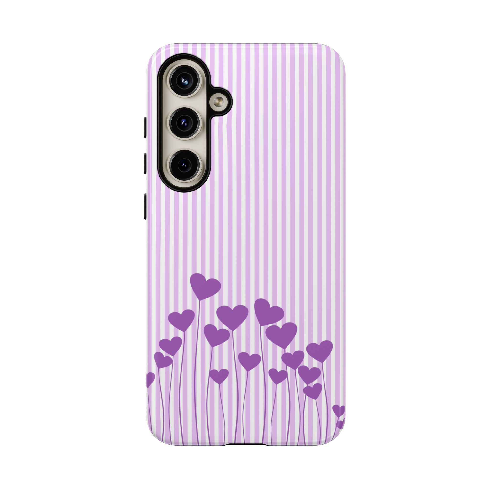 Galentines Day Striped hearts phone case, Purple Heart Floral Stripe Iphone case | Tough Cases - Iphone, Samsung and Pixel Mobile cases