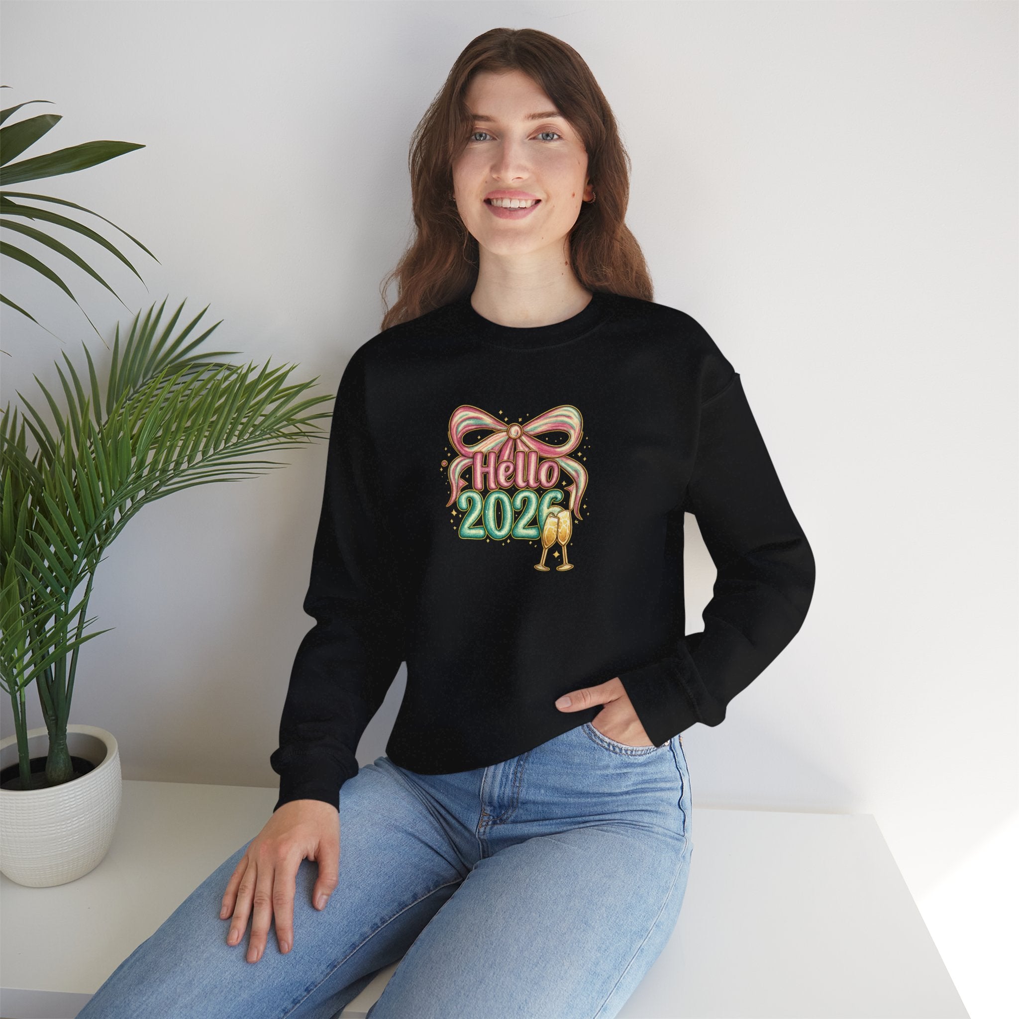 Hello 2026 Coquette Bow Sweatshirt Hoodie, Champagne Toast New Year Gift, Unisex Adult & Youth Crewneck, NYE Party Outfit