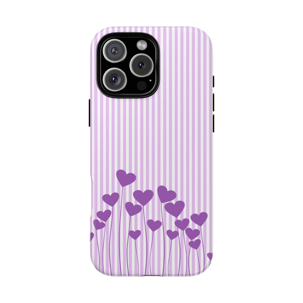 Galentines Day Striped hearts phone case, Purple Heart Floral Stripe Iphone case | Tough Cases - Iphone, Samsung and Pixel Mobile cases
