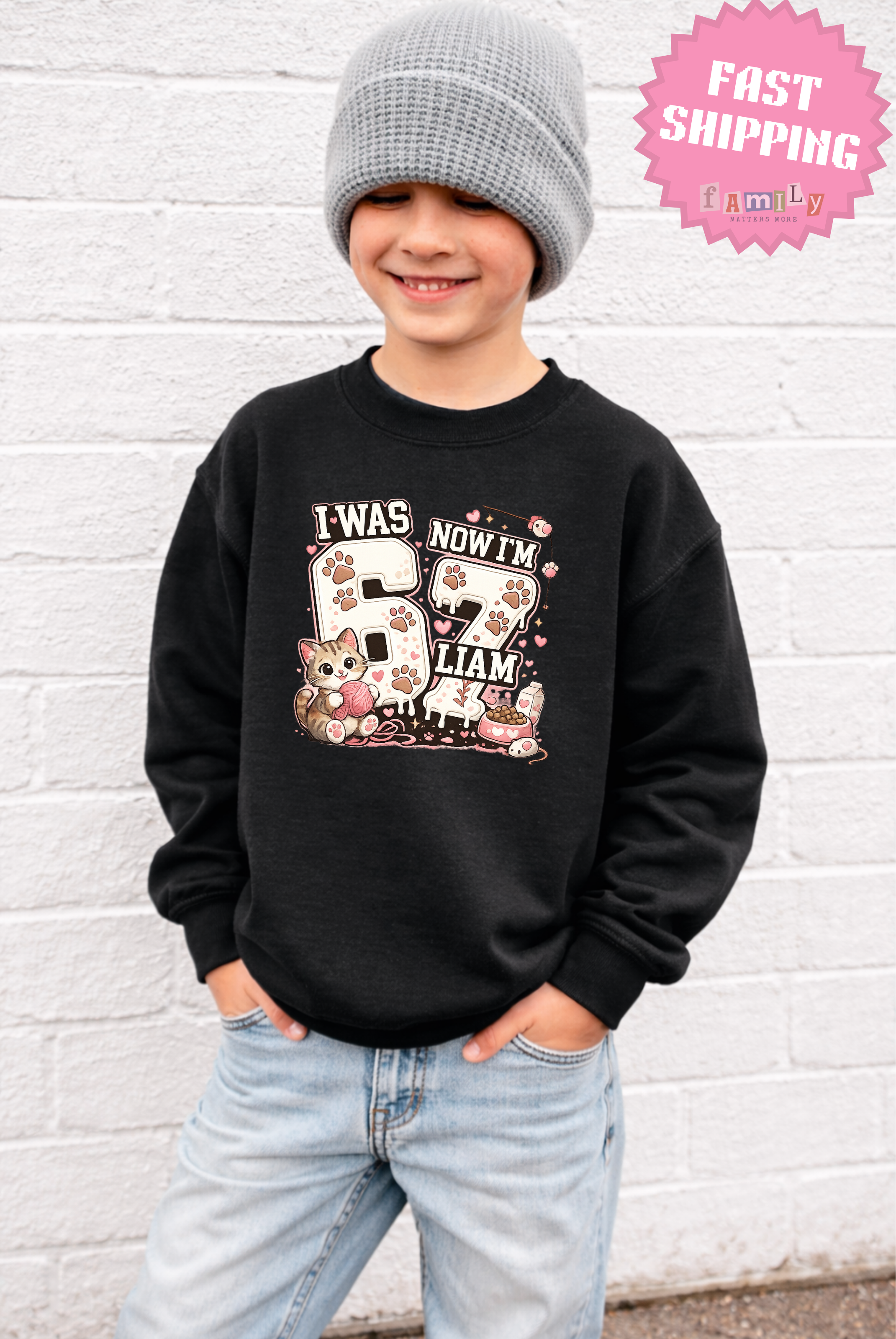 I Was 6 Now I’m 7 Cat lover Birthday Shirt, Personalized Name 7th Birthday Valentines Day Tee, Youth Kids Pet Party Gift, Custom Age