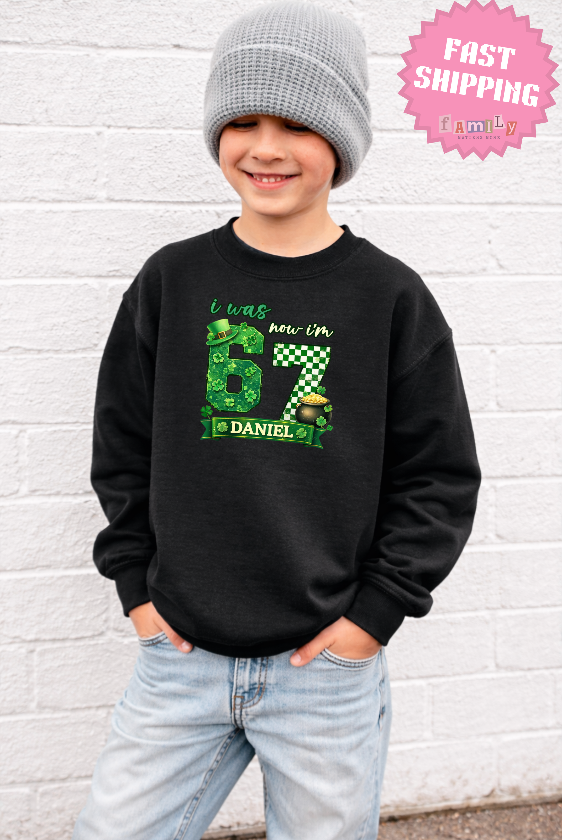 I Was 6 Now I’m 7 St. Patrick's Day Shirt, Personalized Name 7th Birthday Boy Tee, Youth Kids Sports Party Gift, Custom Age