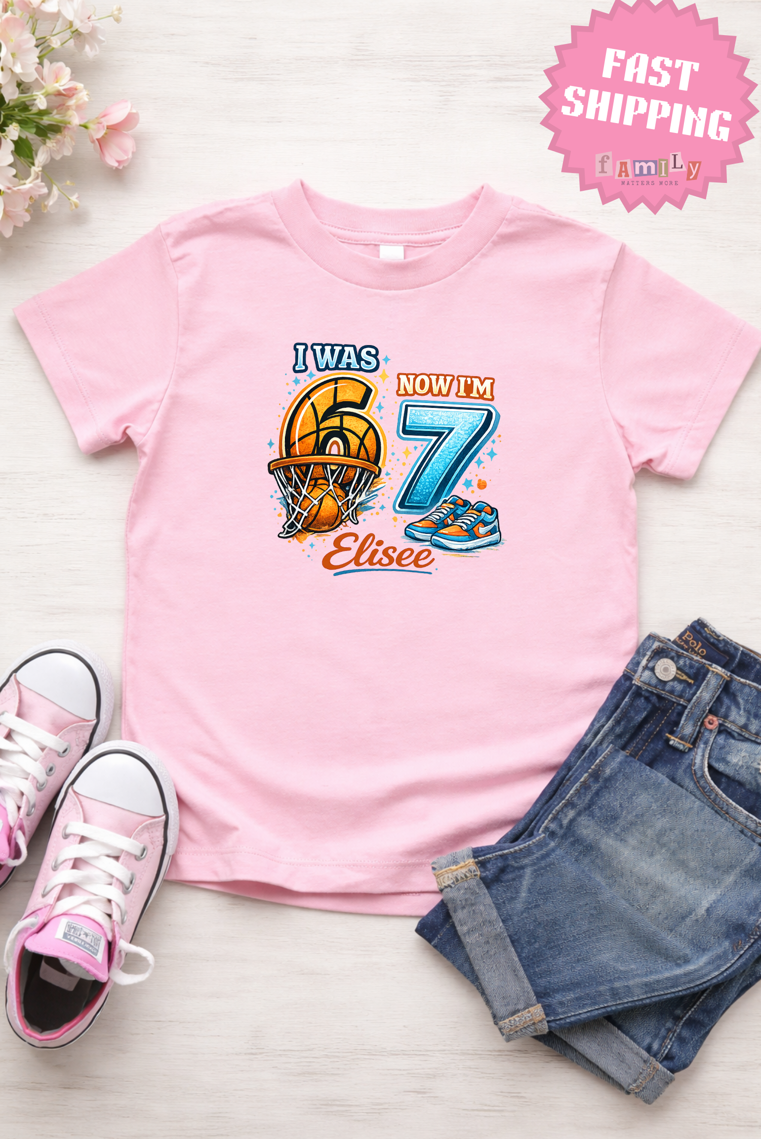 I Was 6 Now I’m 7 Basketball Birthday Shirt, Personalized Name 7th Birthday Boy Tee, Youth Kids Sports Party Gift, Custom Age, 6 7 Tshirt