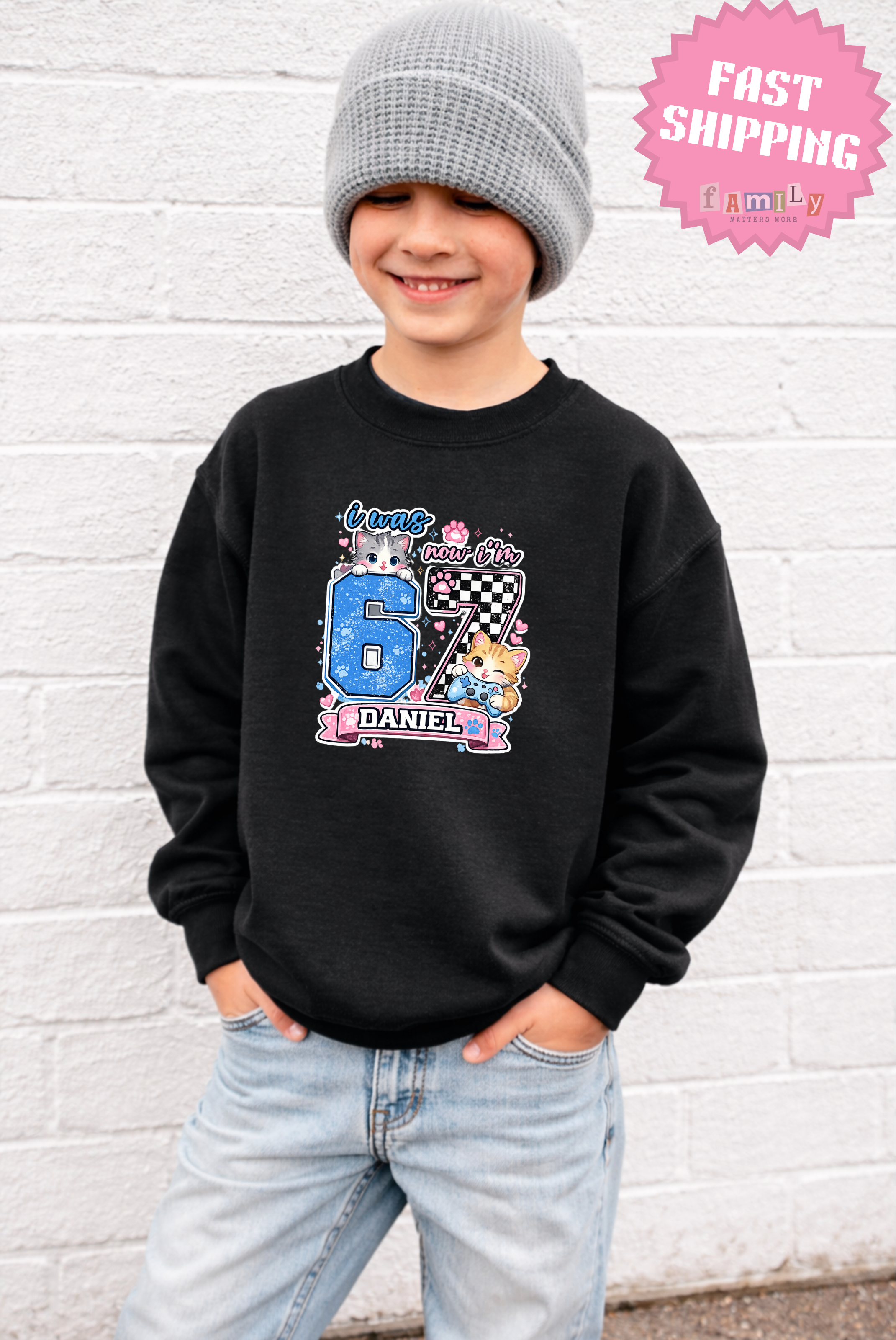 Personalized Funny 7th Birthday Kid Name Shirt, I Was 6 Now I’m 7 Kids Tee, 67 Shirt, 6 7 Birthday Boy, Gift For Cat Lovers, Six Seven Tee