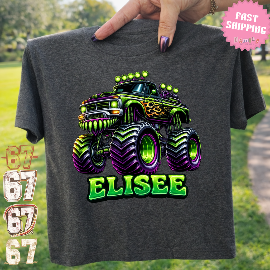 Custom Name Monster Truck Toddler T-Shirt, Personalized Boys Monster Truck Tee, Green and Purple Truck Kids Shirt, Custom Birthday Gift