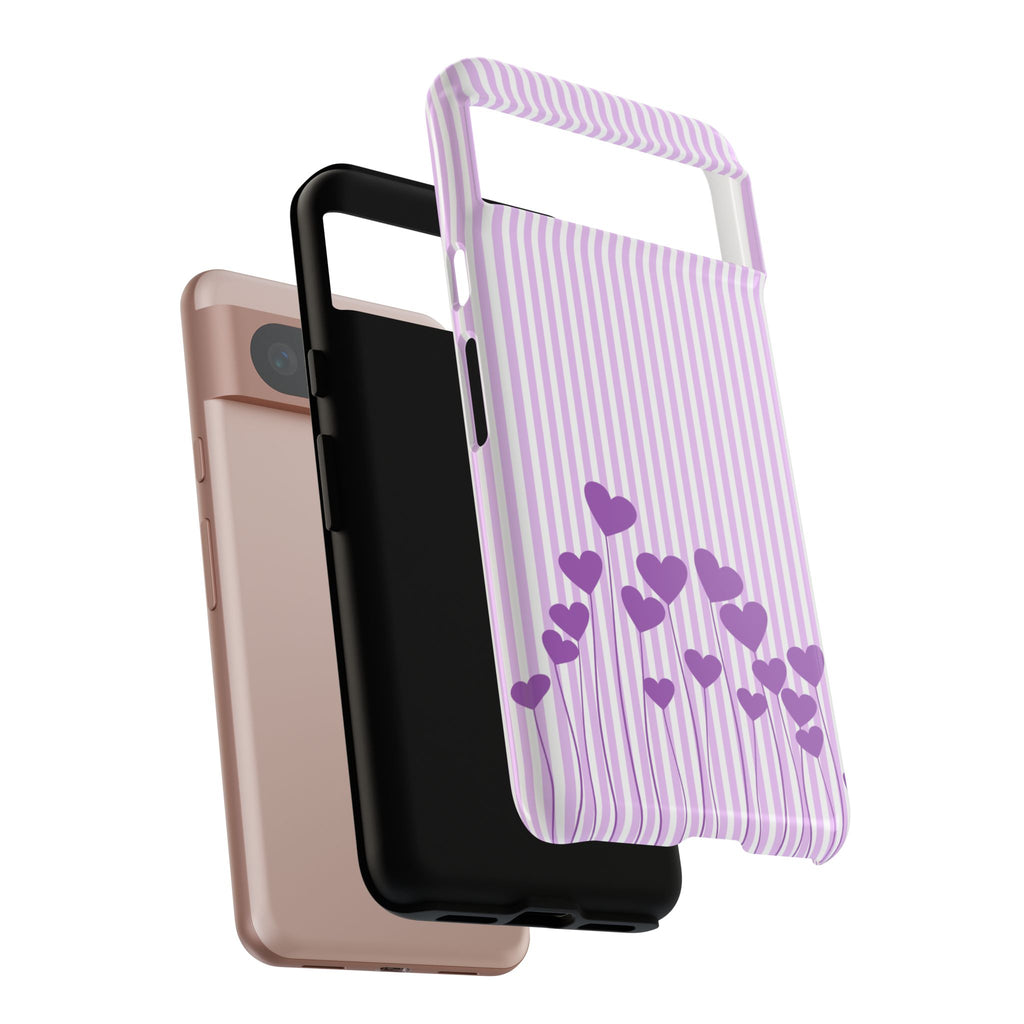 Galentines Day Striped hearts phone case, Purple Heart Floral Stripe Iphone case | Tough Cases - Iphone, Samsung and Pixel Mobile cases