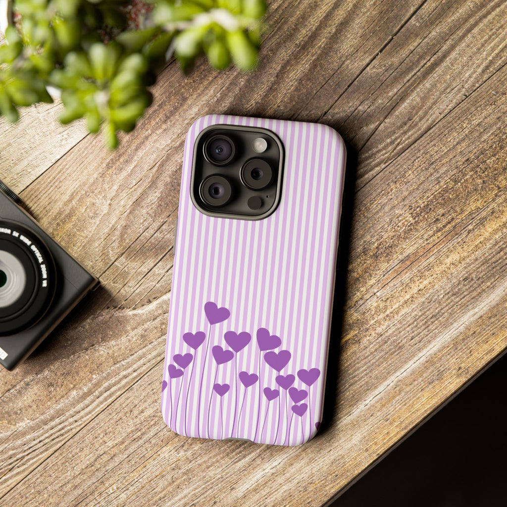 Galentines Day Striped hearts phone case, Purple Heart Floral Stripe Iphone case | Tough Cases - Iphone, Samsung and Pixel Mobile cases