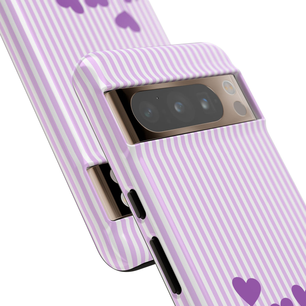Galentines Day Striped hearts phone case, Purple Heart Floral Stripe Iphone case | Tough Cases - Iphone, Samsung and Pixel Mobile cases