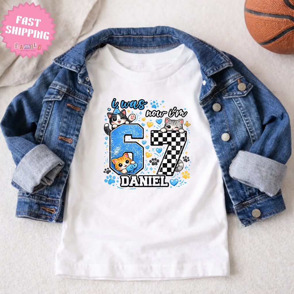 Personalized Funny 7th Birthday Kid Name Shirt, I Was 6 Now I’m 7 Kids Tee, 67 Shirt, 6 7 Birthday Boy, Gift For Cat Lovers, Six Seven Tee