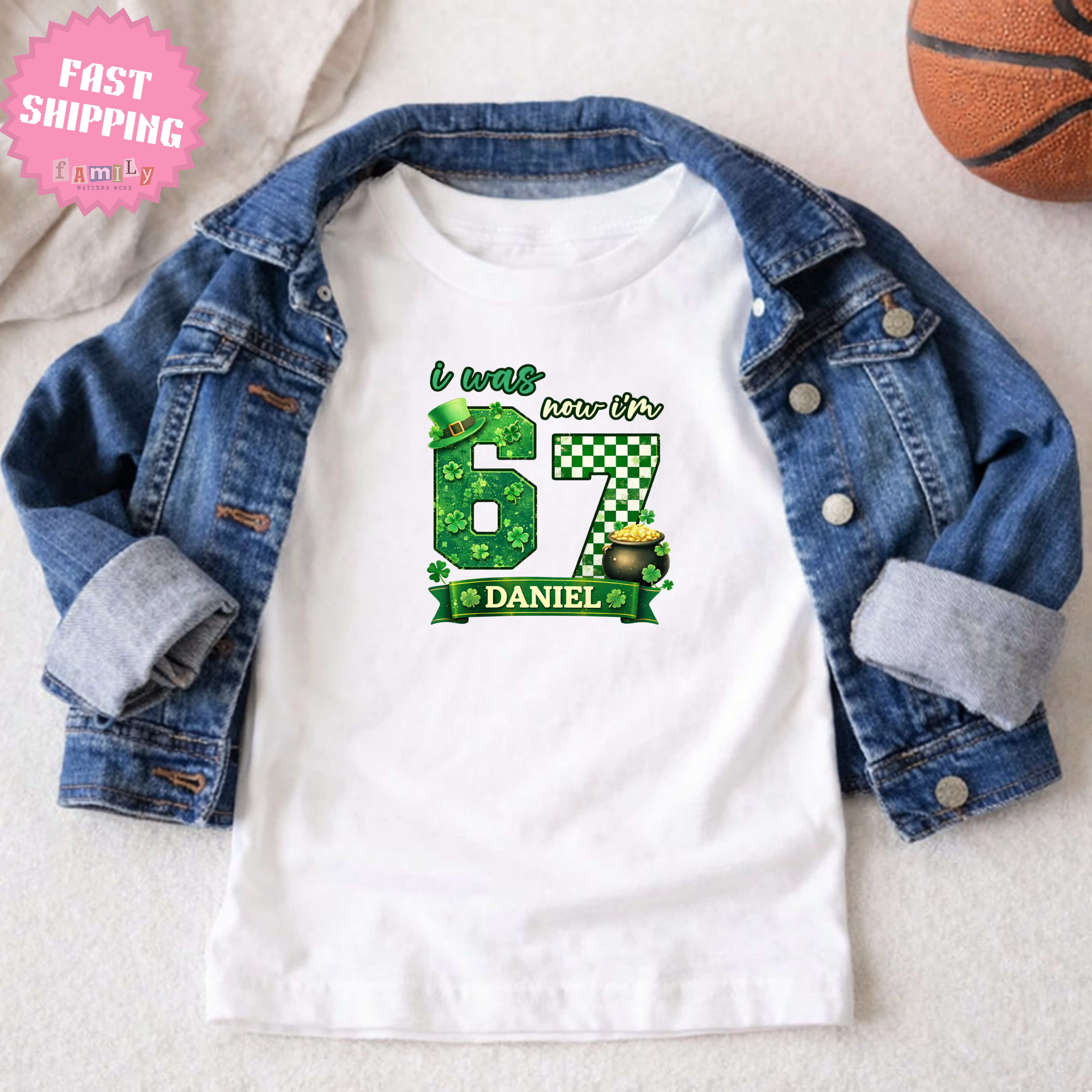I Was 6 Now I’m 7 St. Patrick's Day Shirt, Personalized Name 7th Birthday Boy Tee, Youth Kids Sports Party Gift, Custom Age