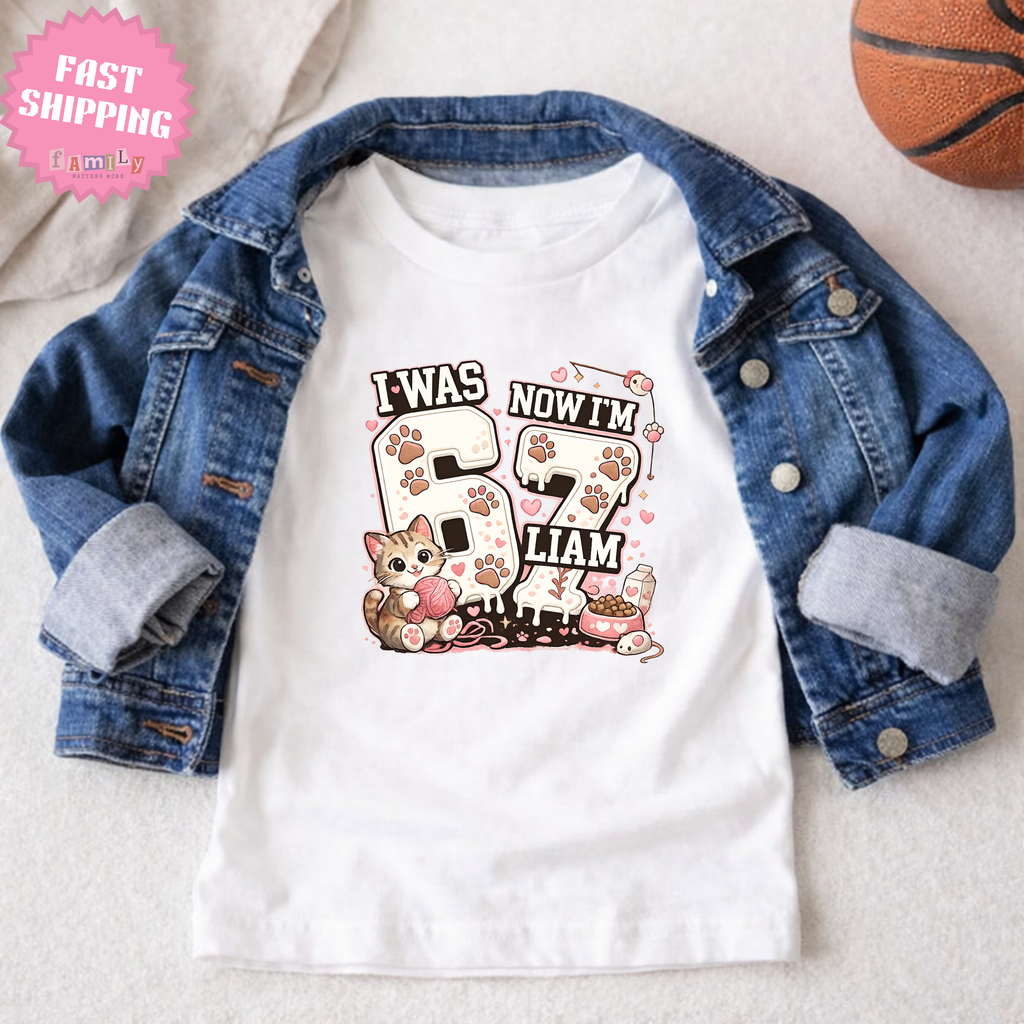 I Was 6 Now I’m 7 Cat lover Birthday Shirt, Personalized Name 7th Birthday Valentines Day Tee, Youth Kids Pet Party Gift, Custom Age