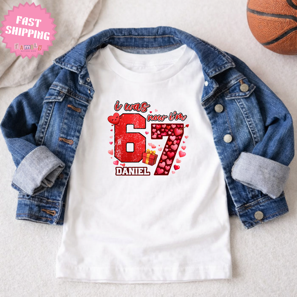 I Was 6 Now I’m 7 Valentines Birthday Shirt, Personalized Name 7th Birthday Valentines Day Tee, Matching Kids Tee, Galentines day gift
