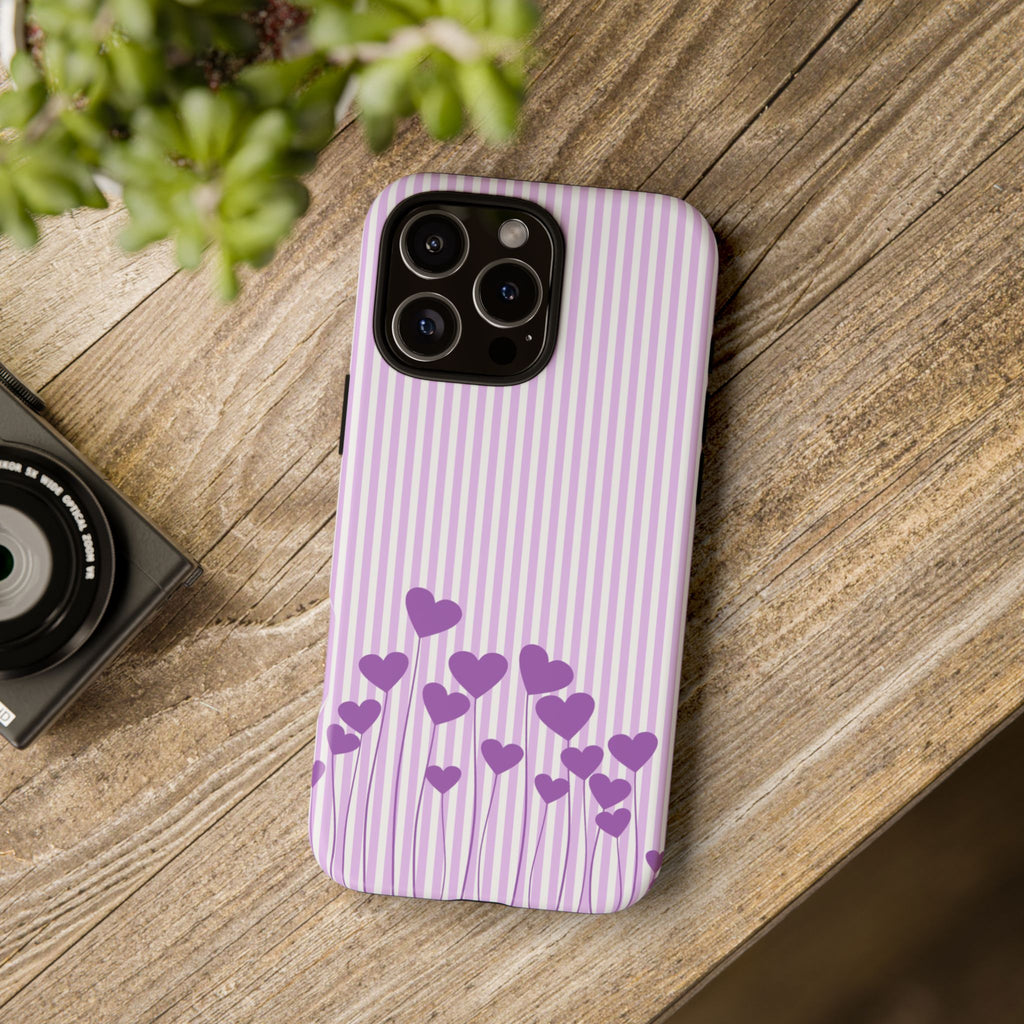 Galentines Day Striped hearts phone case, Purple Heart Floral Stripe Iphone case | Tough Cases - Iphone, Samsung and Pixel Mobile cases