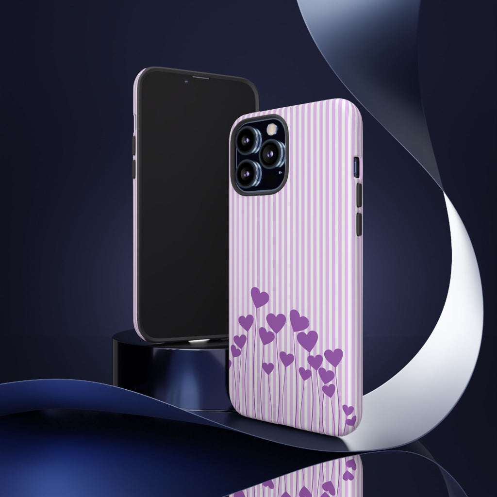 Galentines Day Striped hearts phone case, Purple Heart Floral Stripe Iphone case | Tough Cases - Iphone, Samsung and Pixel Mobile cases
